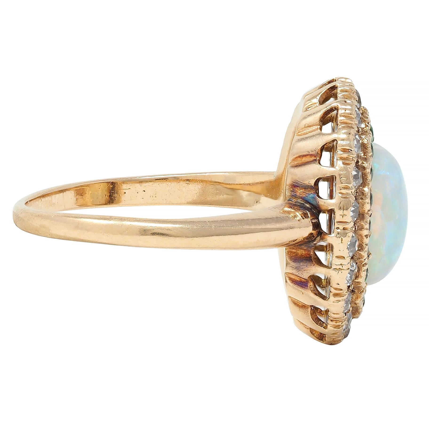 Edwardian Diamond Demantoid Garnet Opal 14 Karat Yellow Gold Antique Halo Ring In Excellent Condition For Sale In Philadelphia, PA