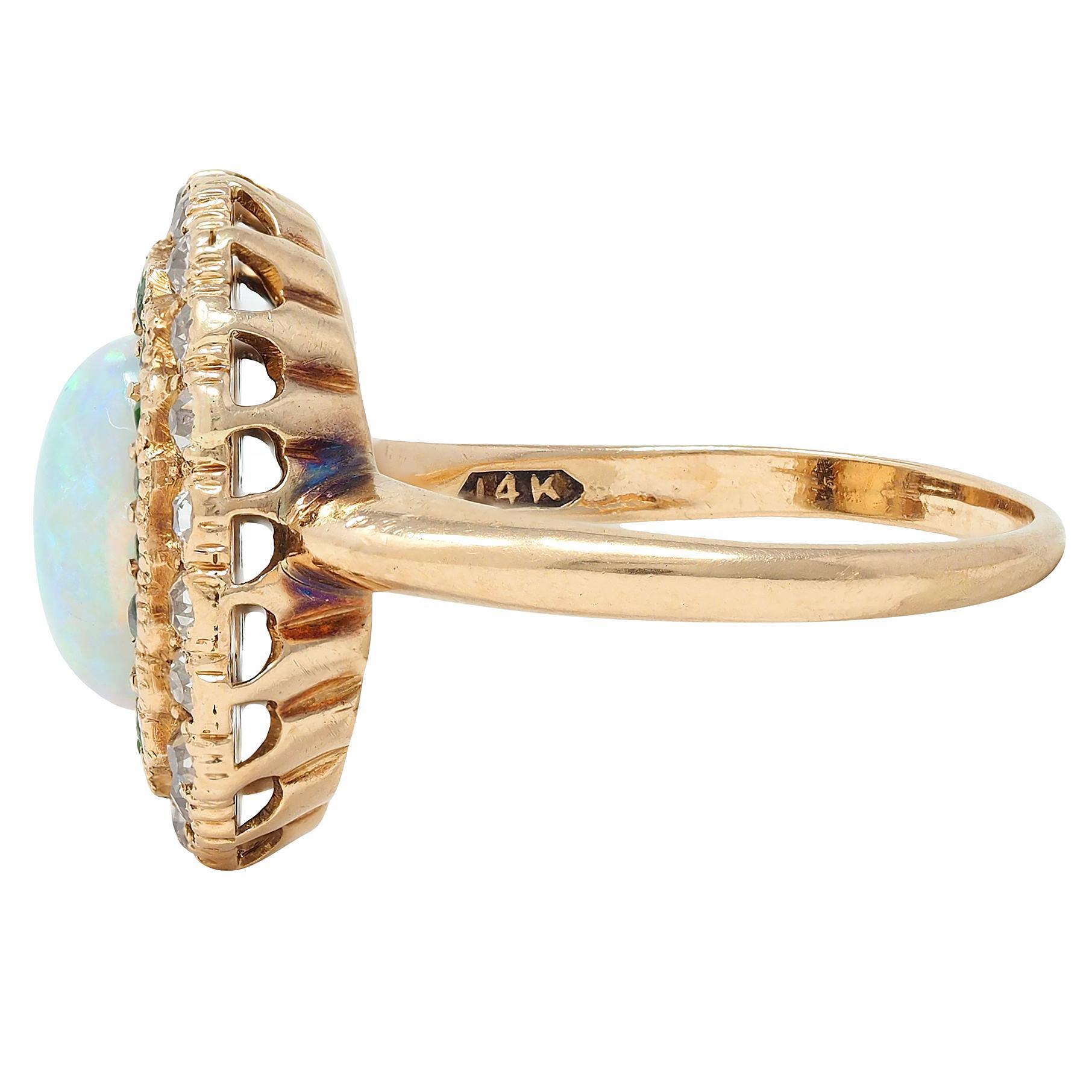 Women's or Men's Edwardian Diamond Demantoid Garnet Opal 14 Karat Yellow Gold Antique Halo Ring For Sale