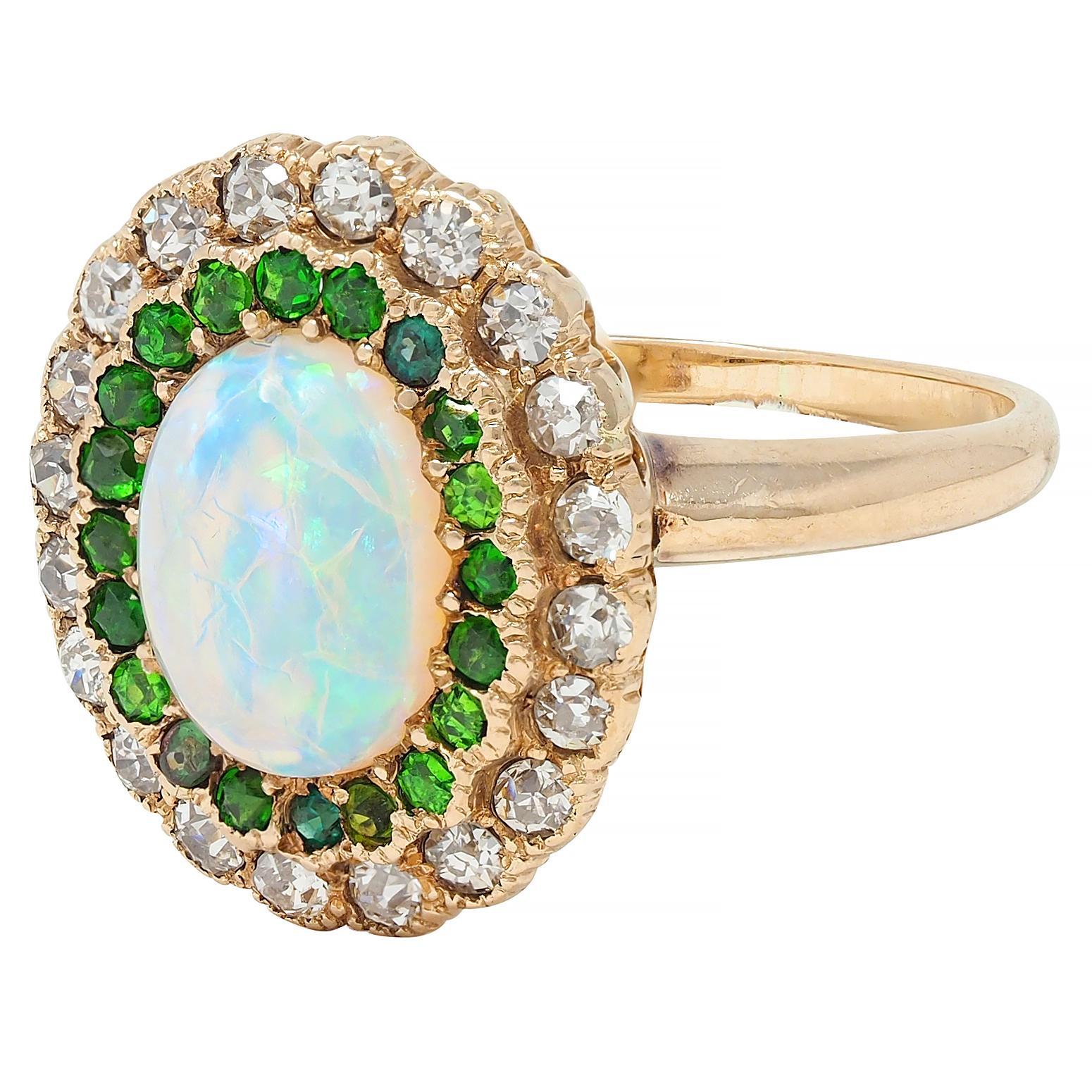 Edwardian Diamond Demantoid Garnet Opal 14 Karat Yellow Gold Antique Halo Ring For Sale 1