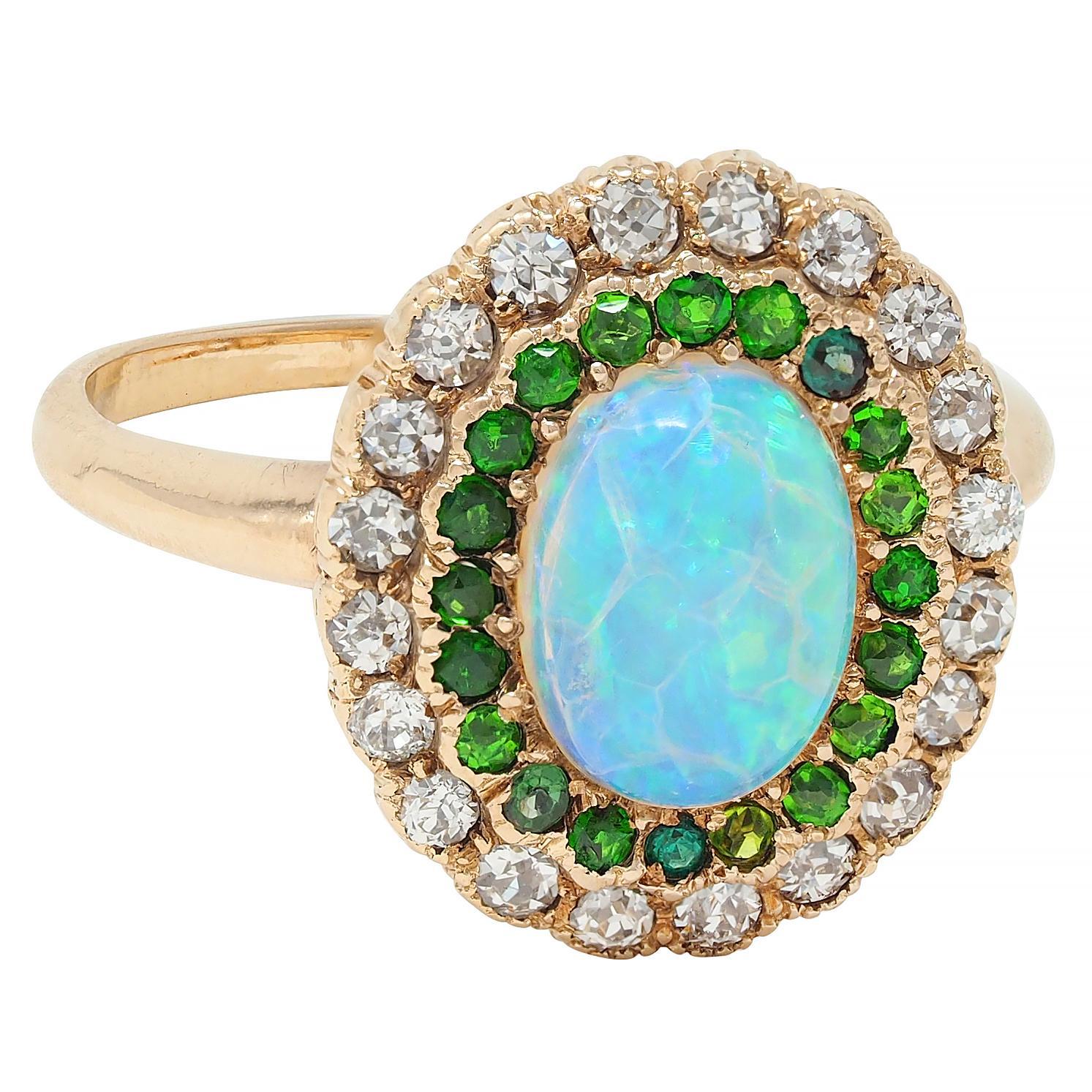 Edwardian Diamond Demantoid Garnet Opal 14 Karat Yellow Gold Antique Halo Ring For Sale 4