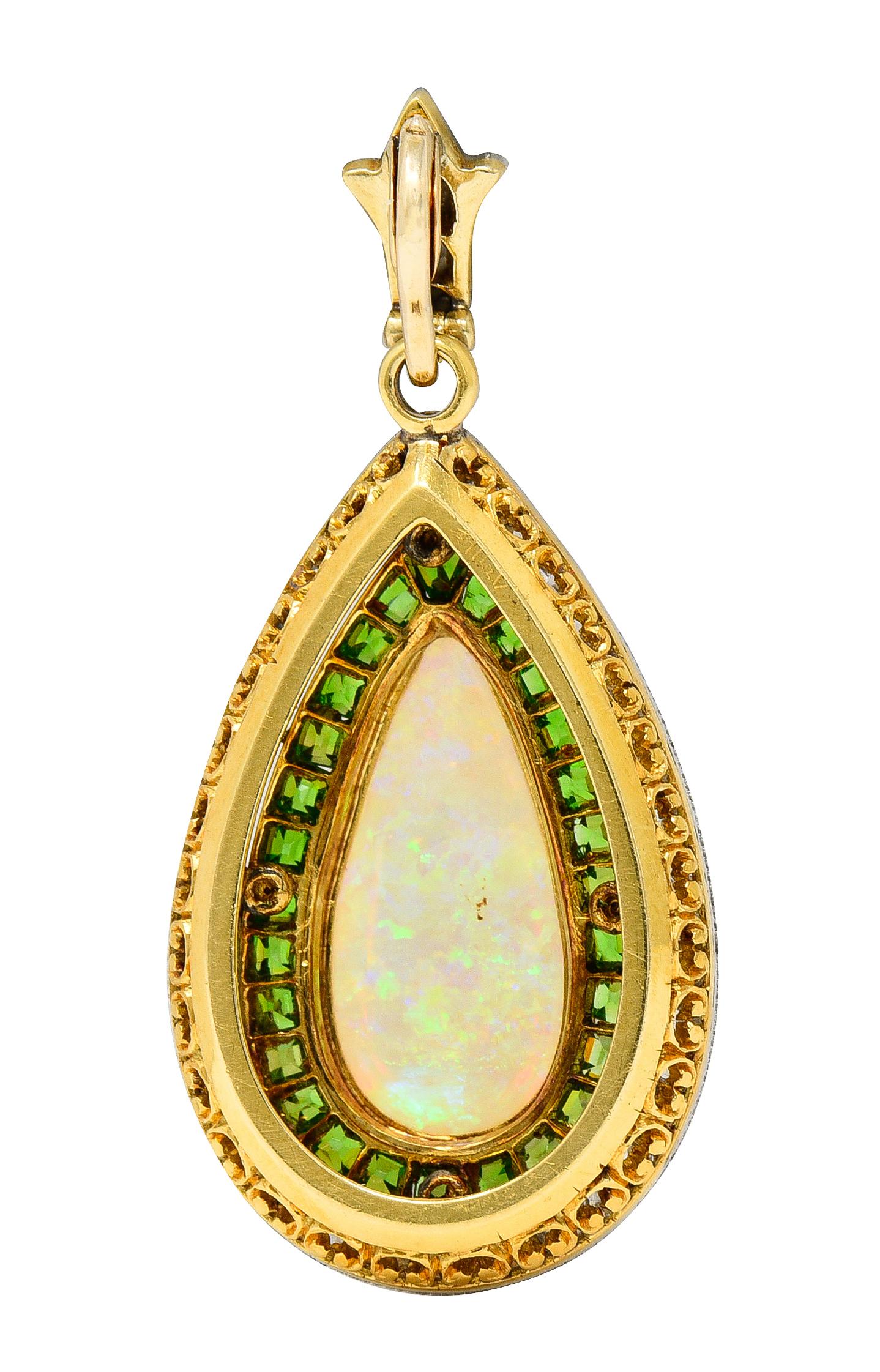 Pear Cut Edwardian Diamond Demantoid Garnet Opal Halo Lily Teardrop Antique Pendant