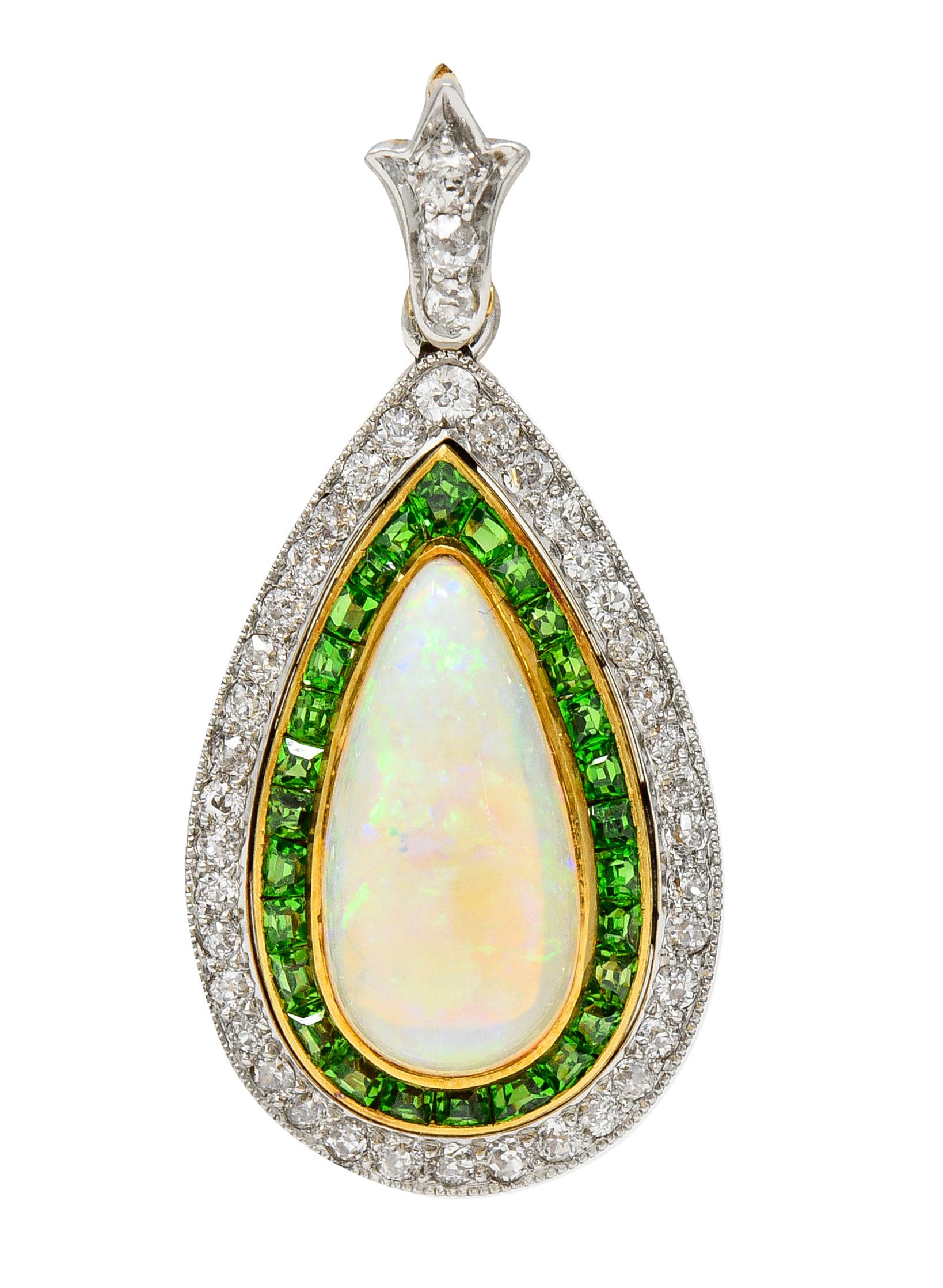 Women's or Men's Edwardian Diamond Demantoid Garnet Opal Halo Lily Teardrop Antique Pendant