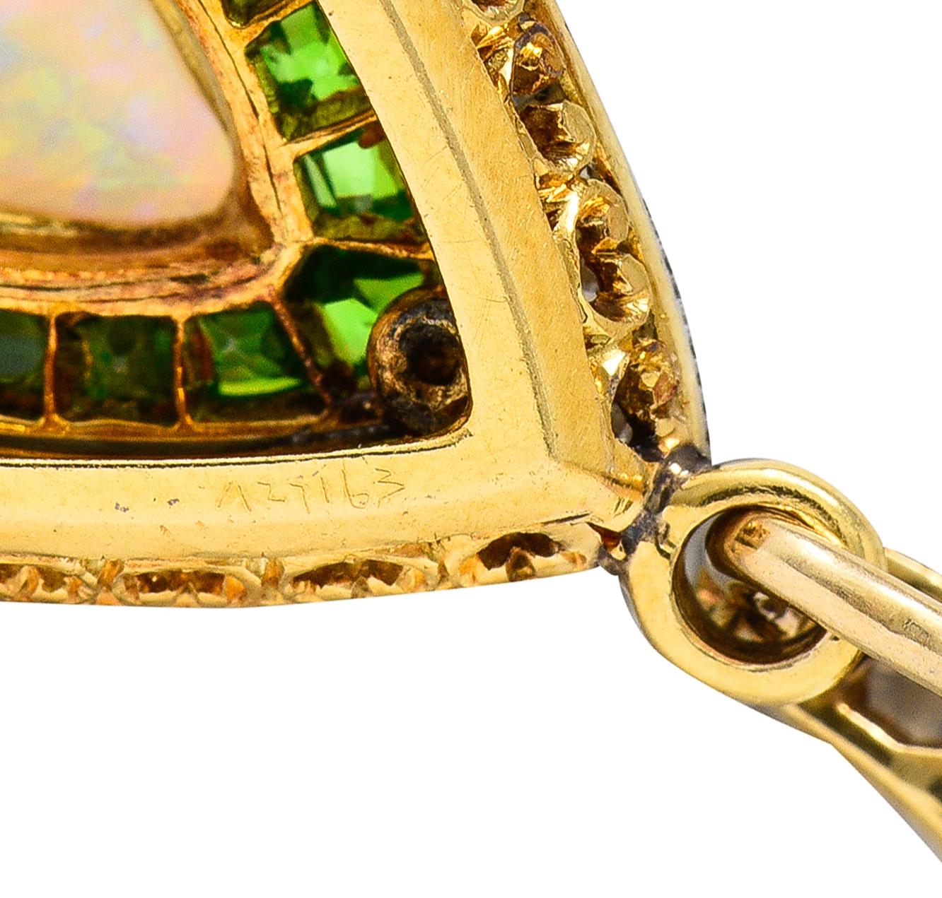 Edwardian Diamond Demantoid Garnet Opal Halo Lily Teardrop Antique Pendant 1