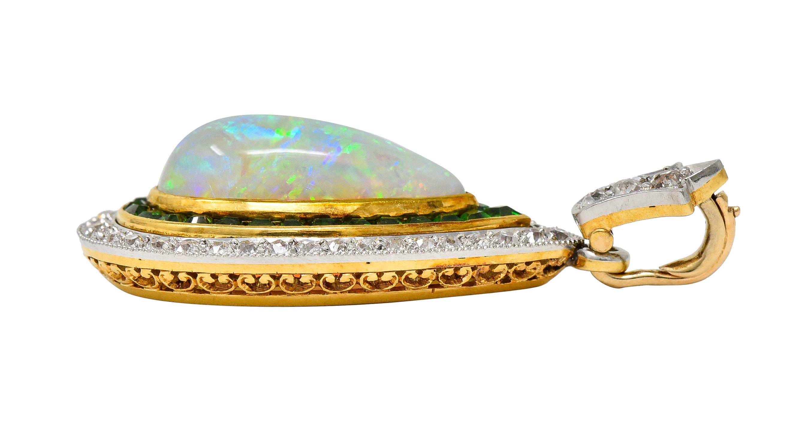Edwardian Diamond Demantoid Garnet Opal Halo Lily Teardrop Antique Pendant 3