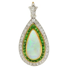 Edwardian Diamond Demantoid Garnet Opal Halo Lily Teardrop Antique Pendant