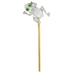 Edwardian Diamond Demantoid Garnet Platinum Gold Frog Stickpin