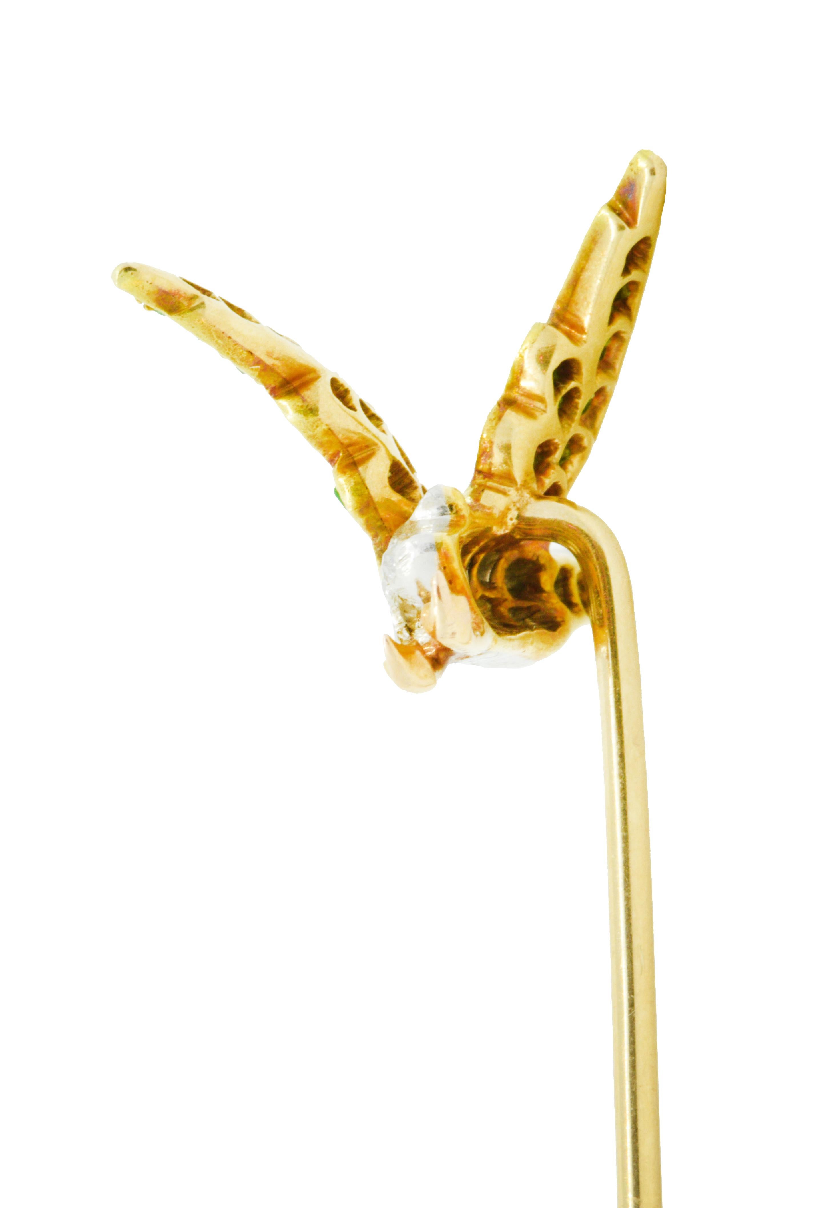 Old European Cut Edwardian Diamond Demantoid Garnet Platinum-Topped 18 Karat Gold Goose Stickpin For Sale