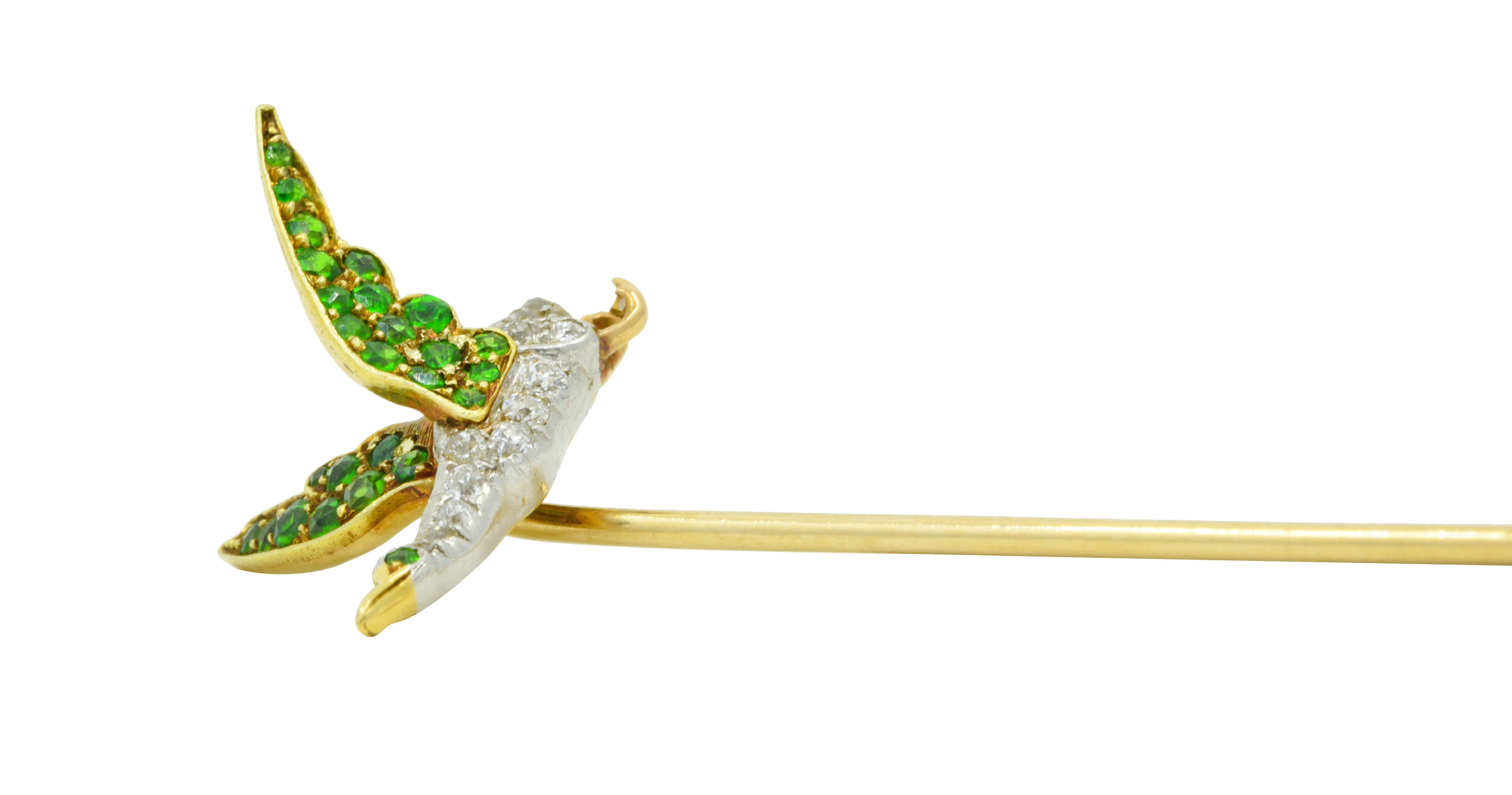 Women's or Men's Edwardian Diamond Demantoid Garnet Platinum-Topped 18 Karat Gold Goose Stickpin For Sale