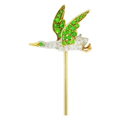 Antique Edwardian Diamond Demantoid Garnet Platinum-Topped 18 Karat Gold Goose Stickpin