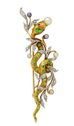 Broche serpent antique en or 14K platine avec diamant et perle démantoïde de l'époque édouardienne