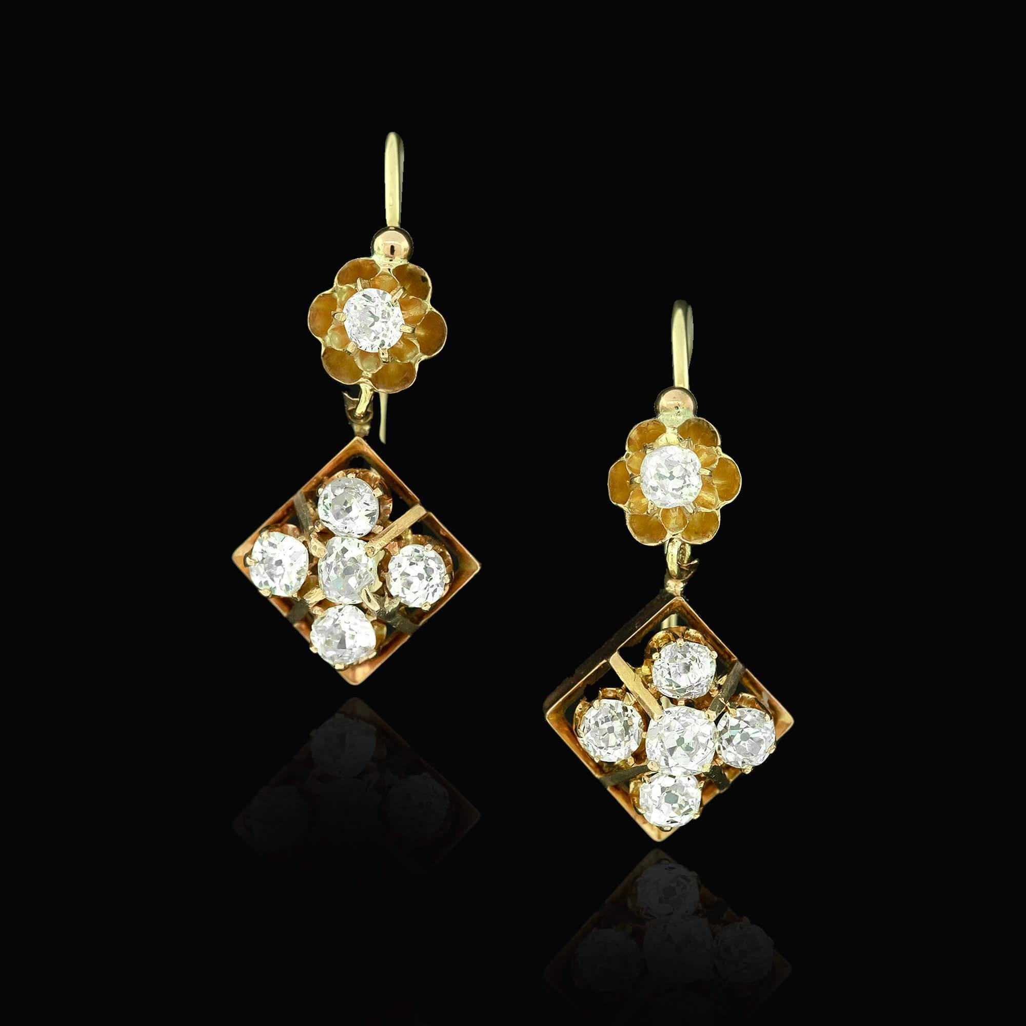 Old Mine Cut Edwardian Diamond Drop Earrings Circa 1900-10 For Sale