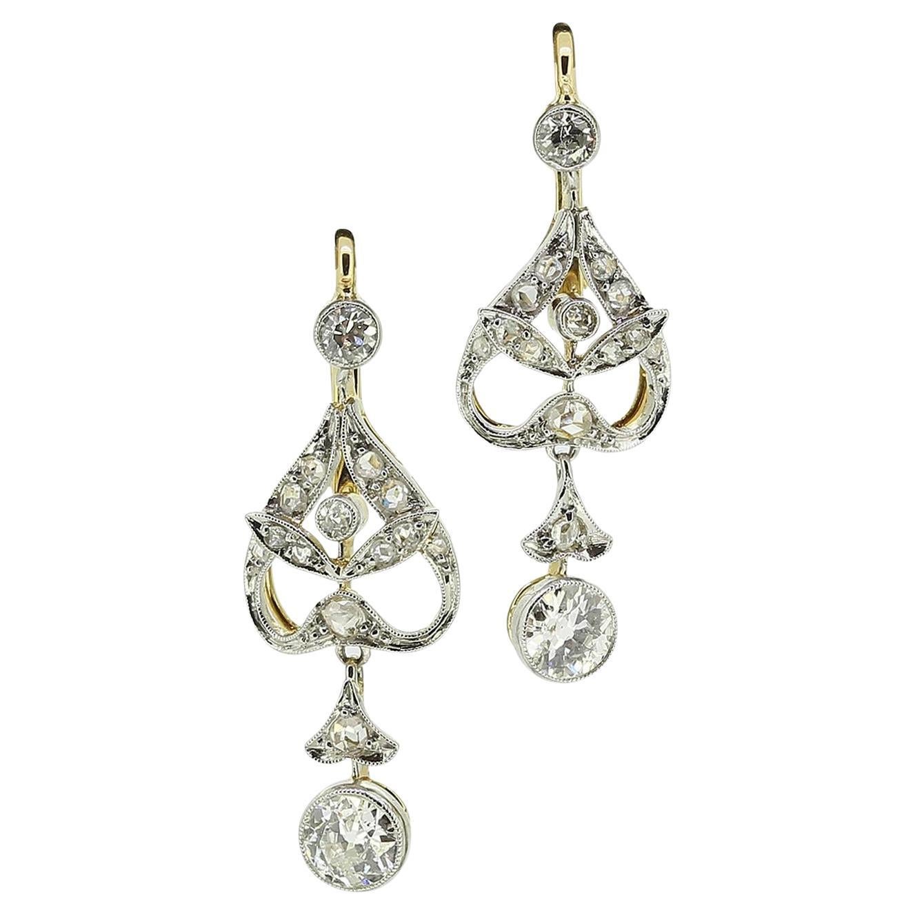 Edwardian Diamond Drop Earrings For Sale