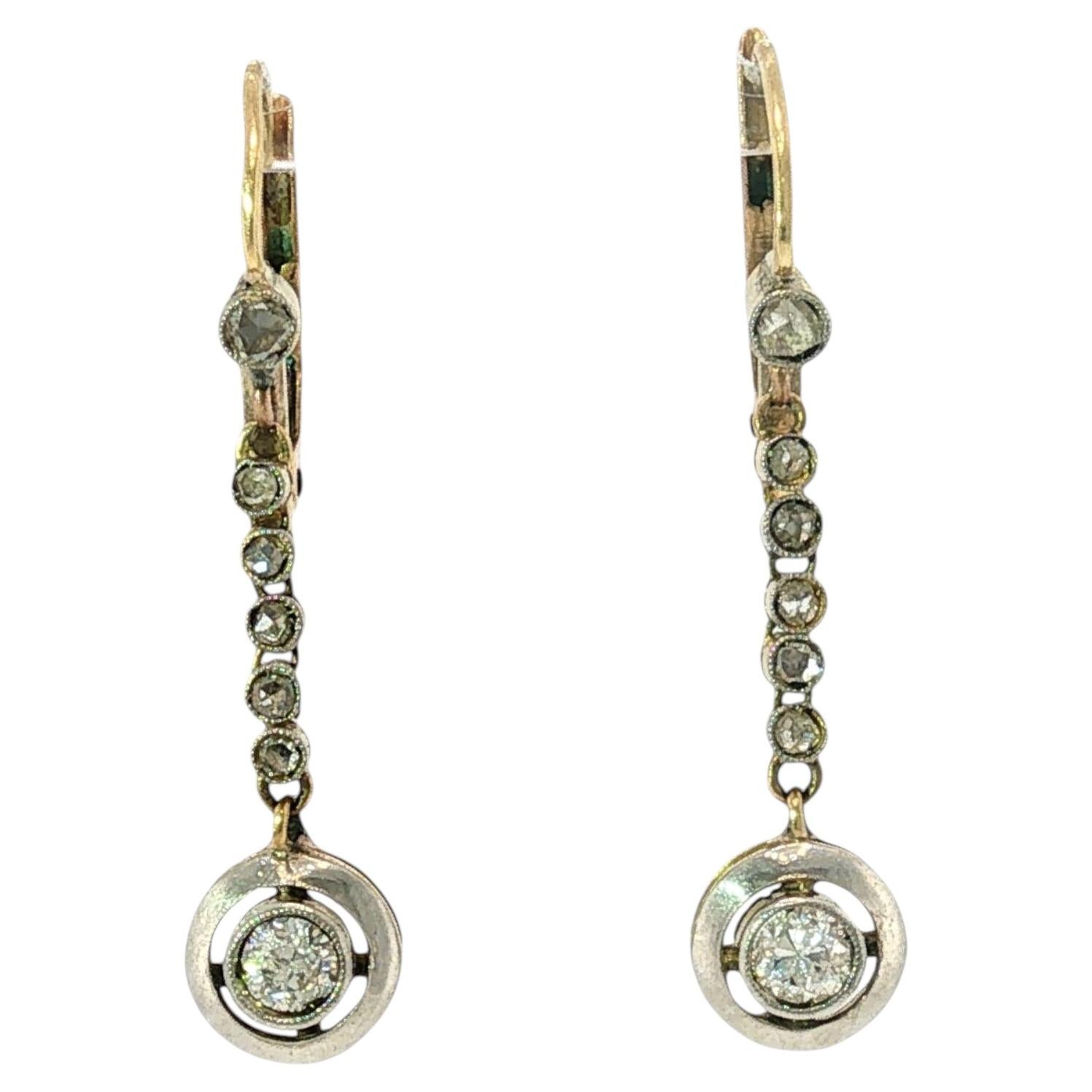 Edwardian Diamond Drop Earrings in Platinum-Topped 14K Yellow Gold