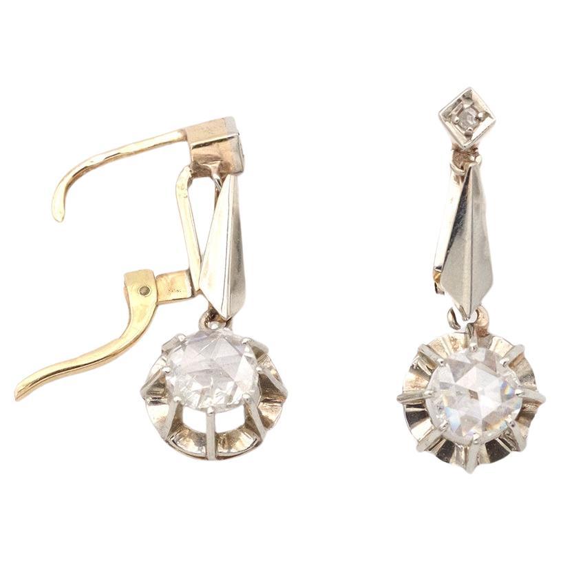 Niederländische lange edwardianische Diamant-Ohrringe im Rosenschliff 1,10 Karat, Platin und Gold