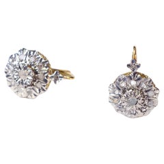 Antique Edwardian Diamond Earrings in 18 Karat Yellow and Platinum, Drop Earrings Flower