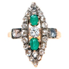 Antique Edwardian Diamond Emerald 18 Karat Rose Gold Navette Dinner Ring