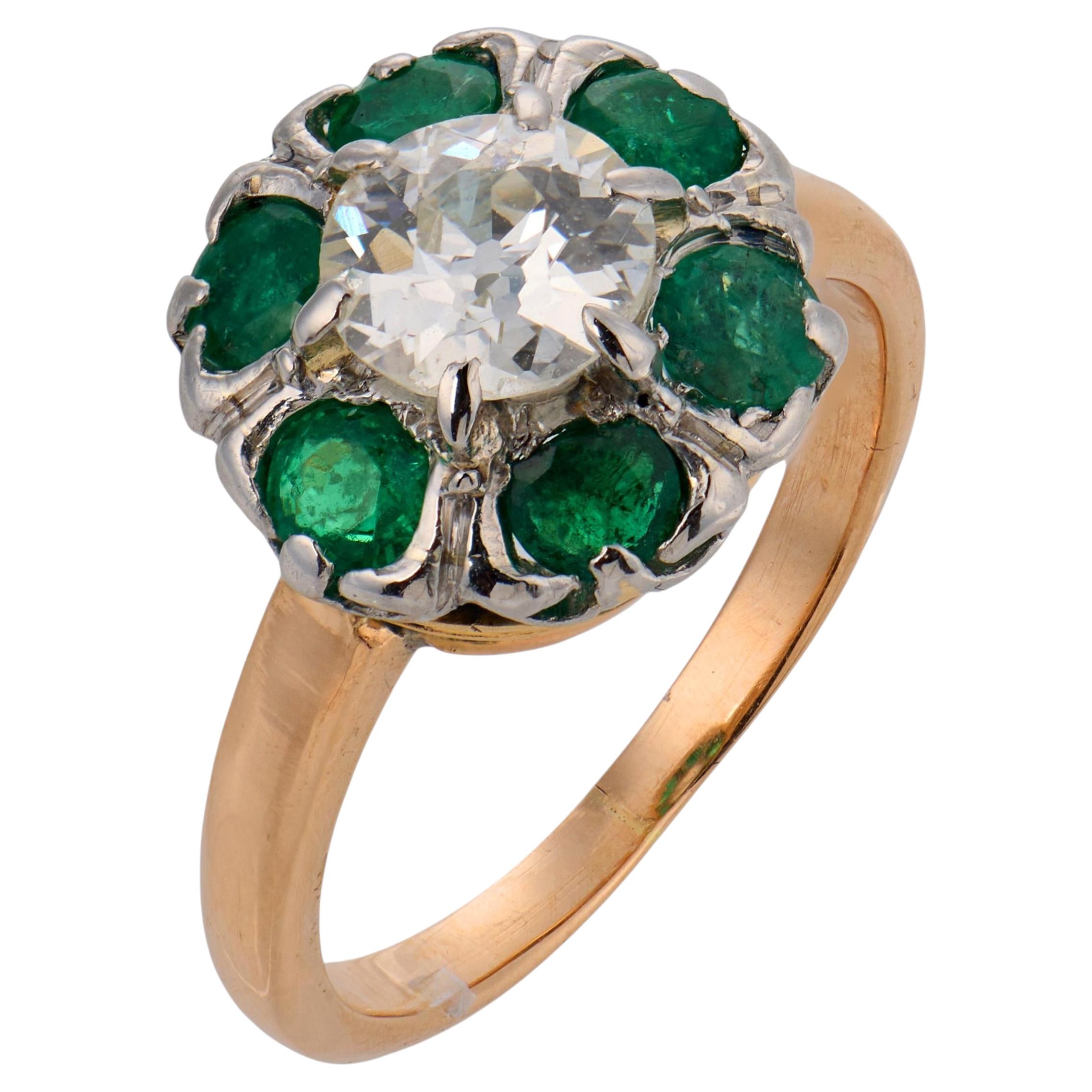 Edwardian diamond emerald 18k yellow gold cluster ring