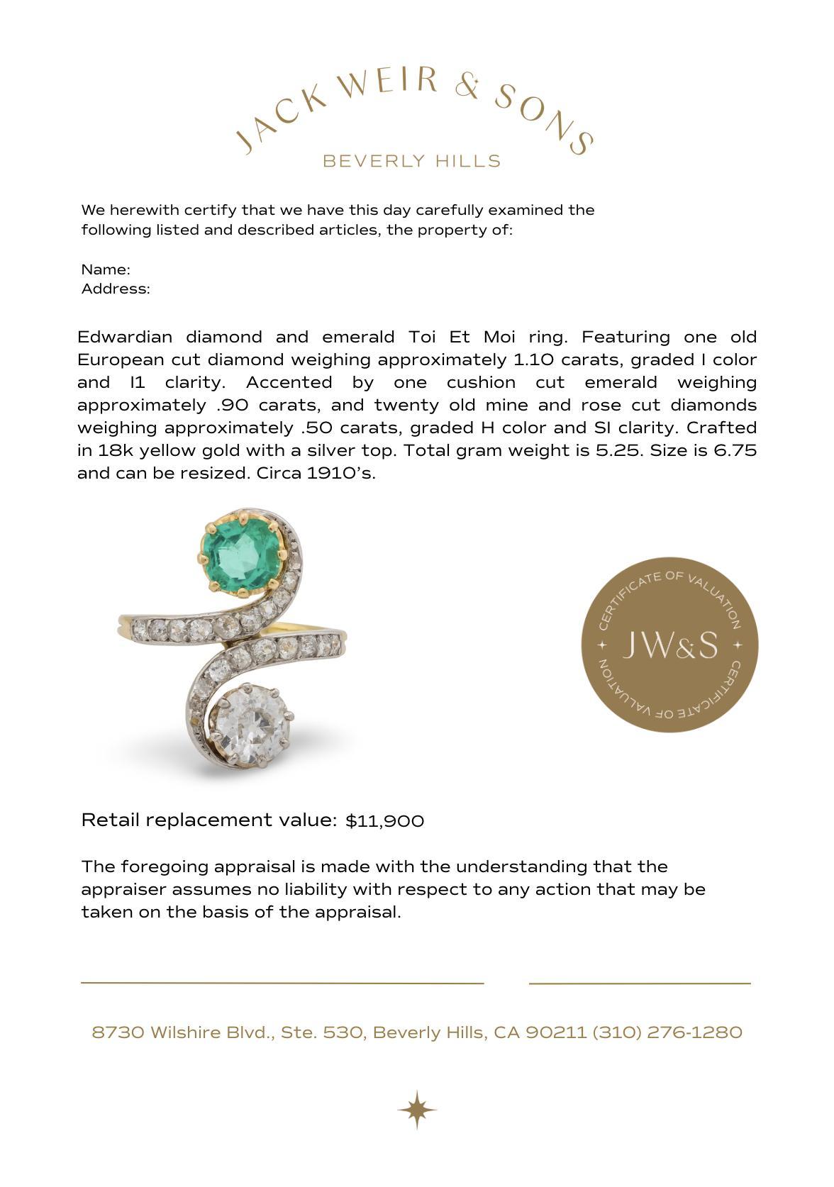Edwardian diamond emerald 18k yellow gold silver Toi Et Moi ring For Sale 3