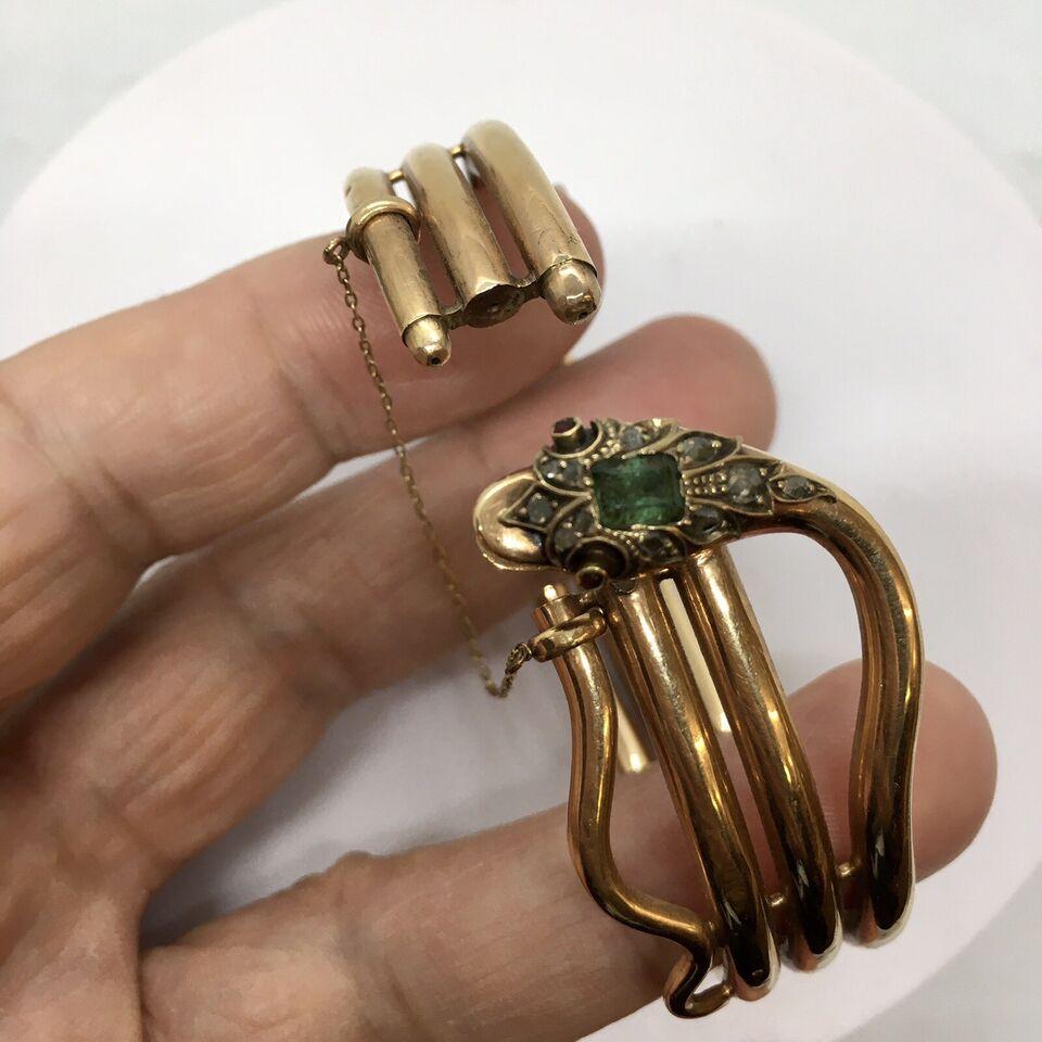 Edwardian Diamond Emerald Bangle Snake Bracelet Silver 14K Gold American 1900s For Sale 3