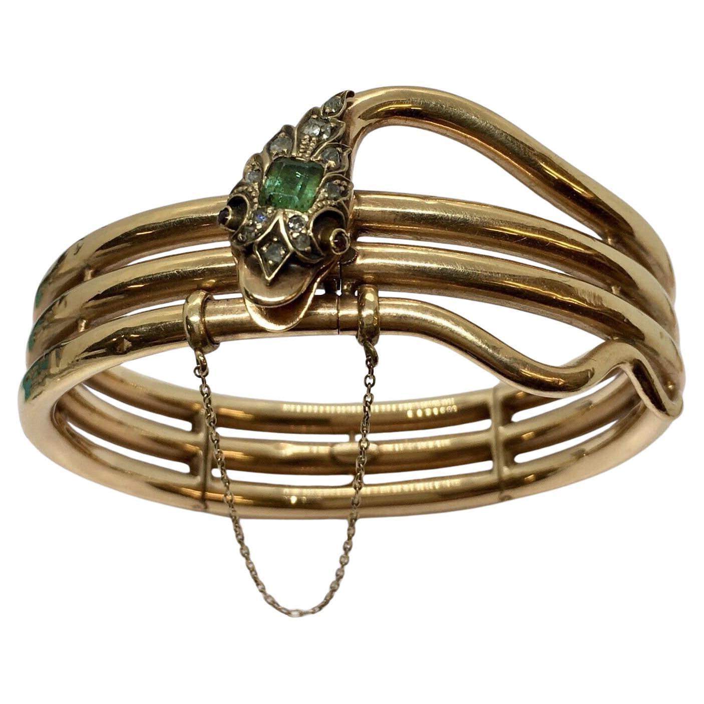 Edwardian Diamond Emerald Bangle Snake Bracelet Silver 14K Gold American 1900s For Sale