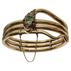 Antique Edwardian Diamond Emerald Bangle Snake Bracelet Silver 14K Gold American 1900s