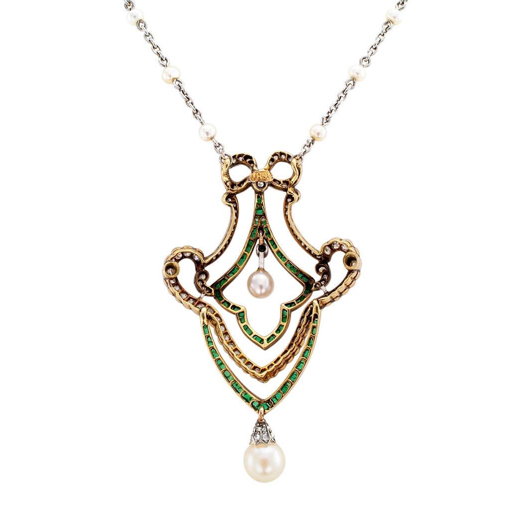 Edwardian Diamond Emerald Pearl Gold Platinum Brooch Necklace In Good Condition In Los Angeles, CA