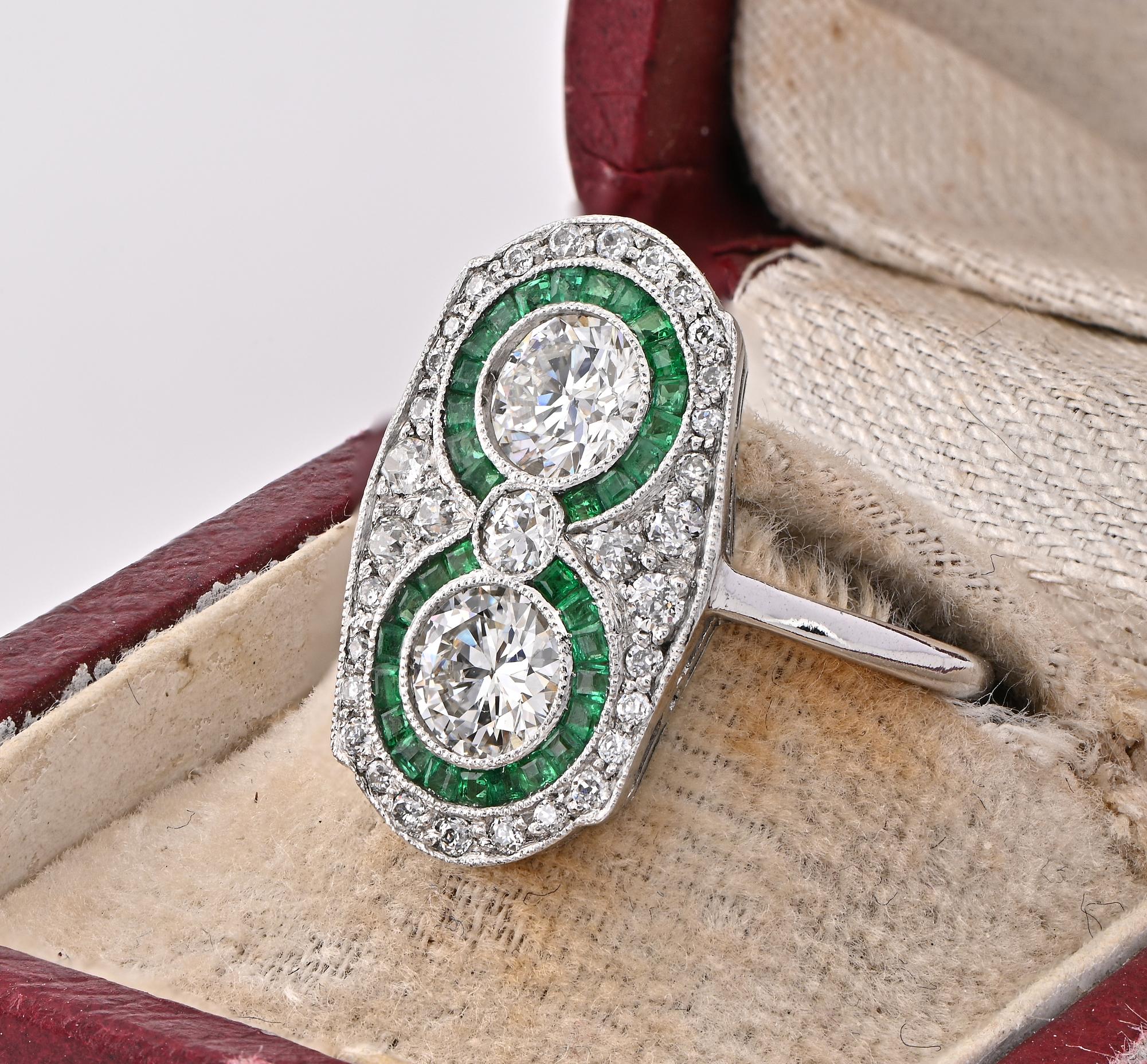 Edwardian Diamond Emerald Platinum rare Ring For Sale 1