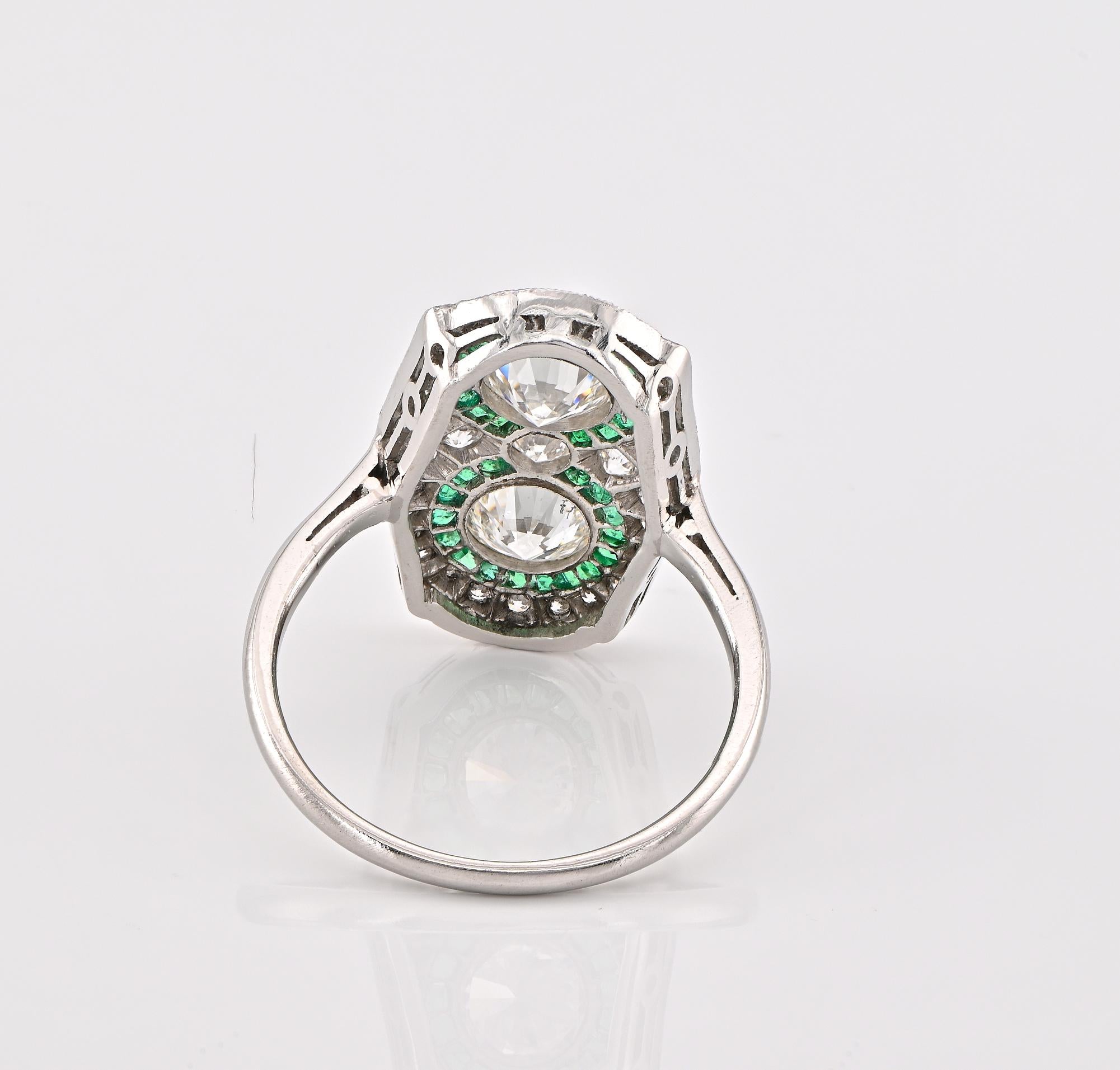 Edwardian Diamond Emerald Platinum rare Ring For Sale 2