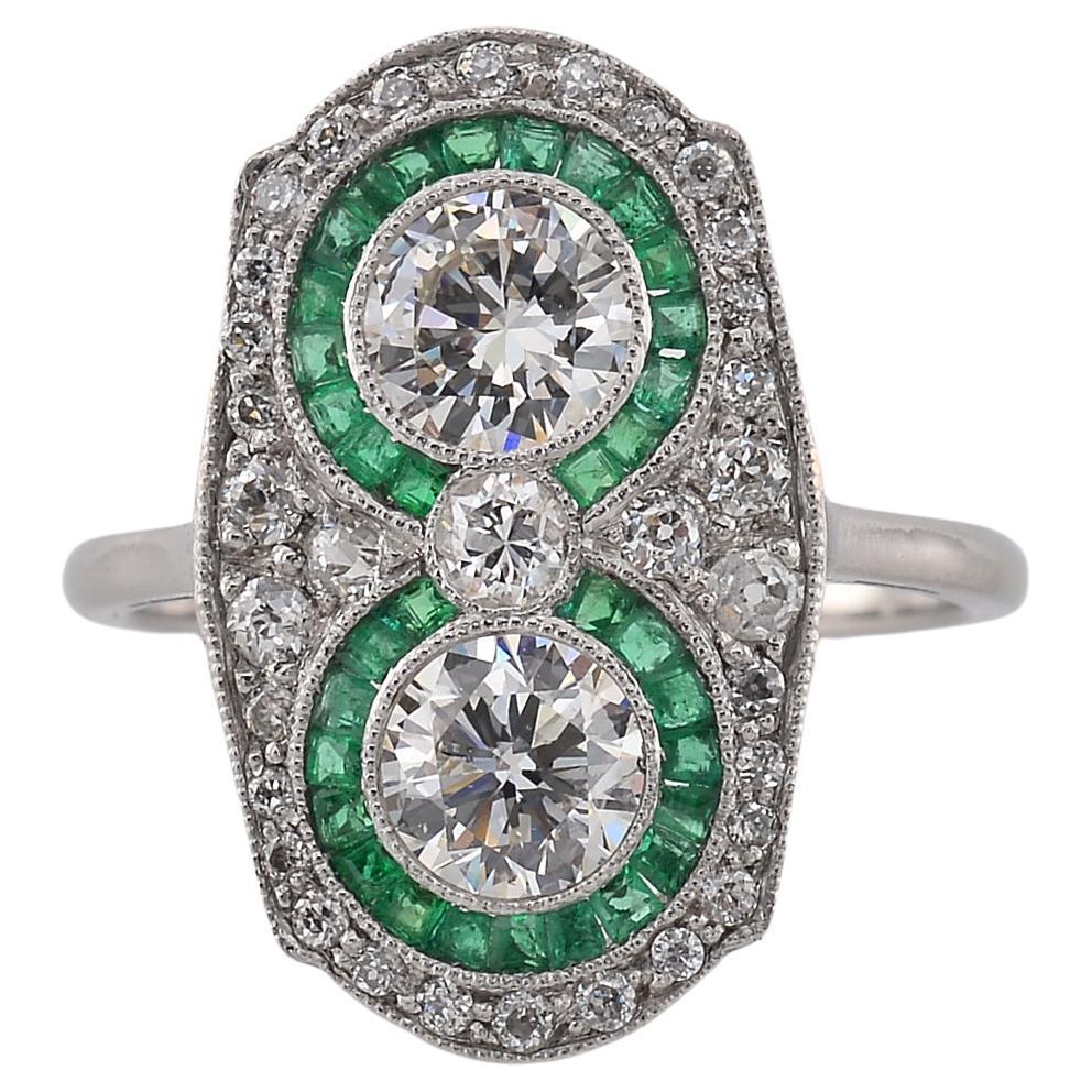 Edwardian Diamond Emerald Platinum rare Ring For Sale