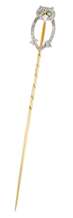 Edwardian Diamond Emerald Platinum-Topped 14 Karat Gold Owl Stickpin