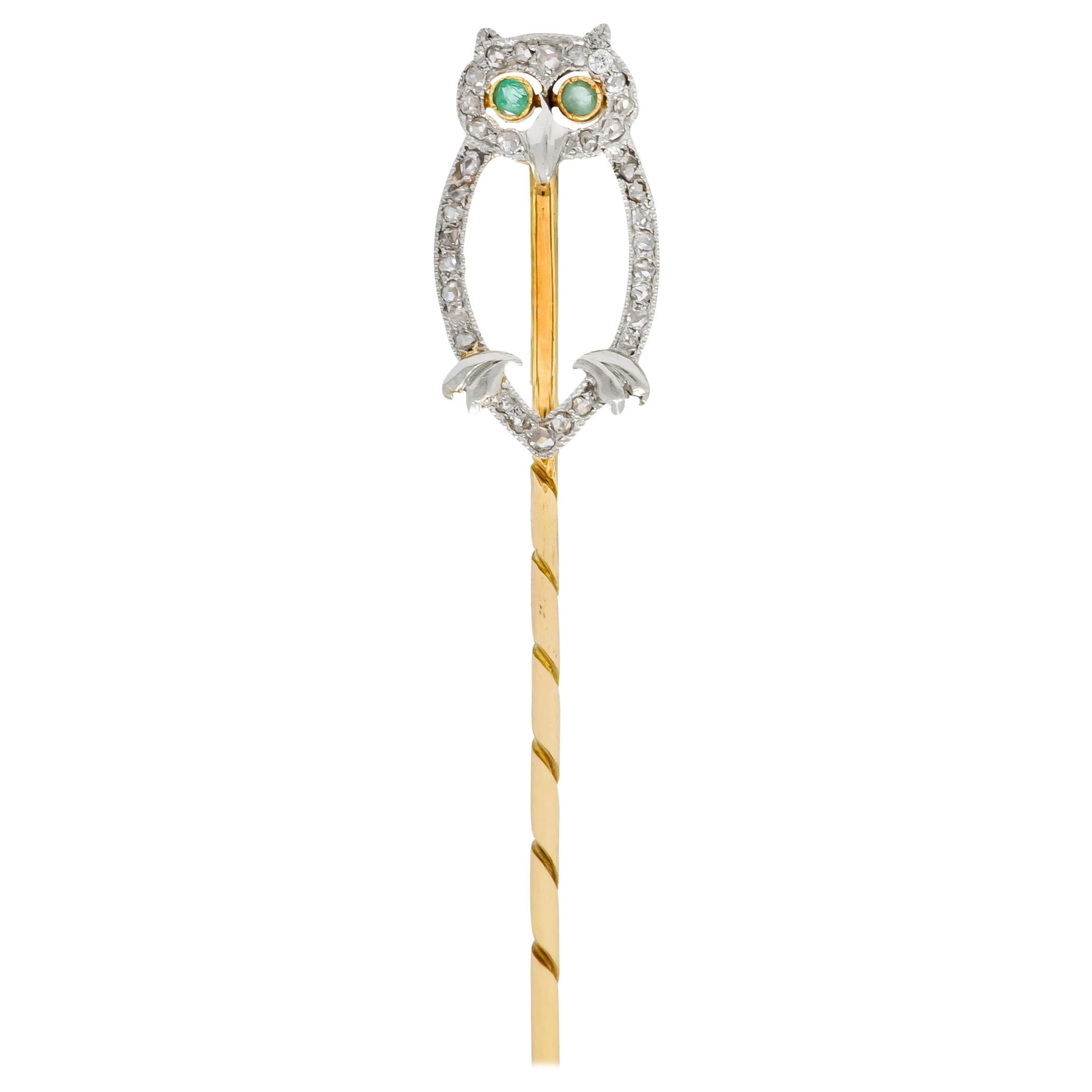 Edwardian Diamond Emerald Platinum-Topped 14 Karat Gold Owl Stickpin
