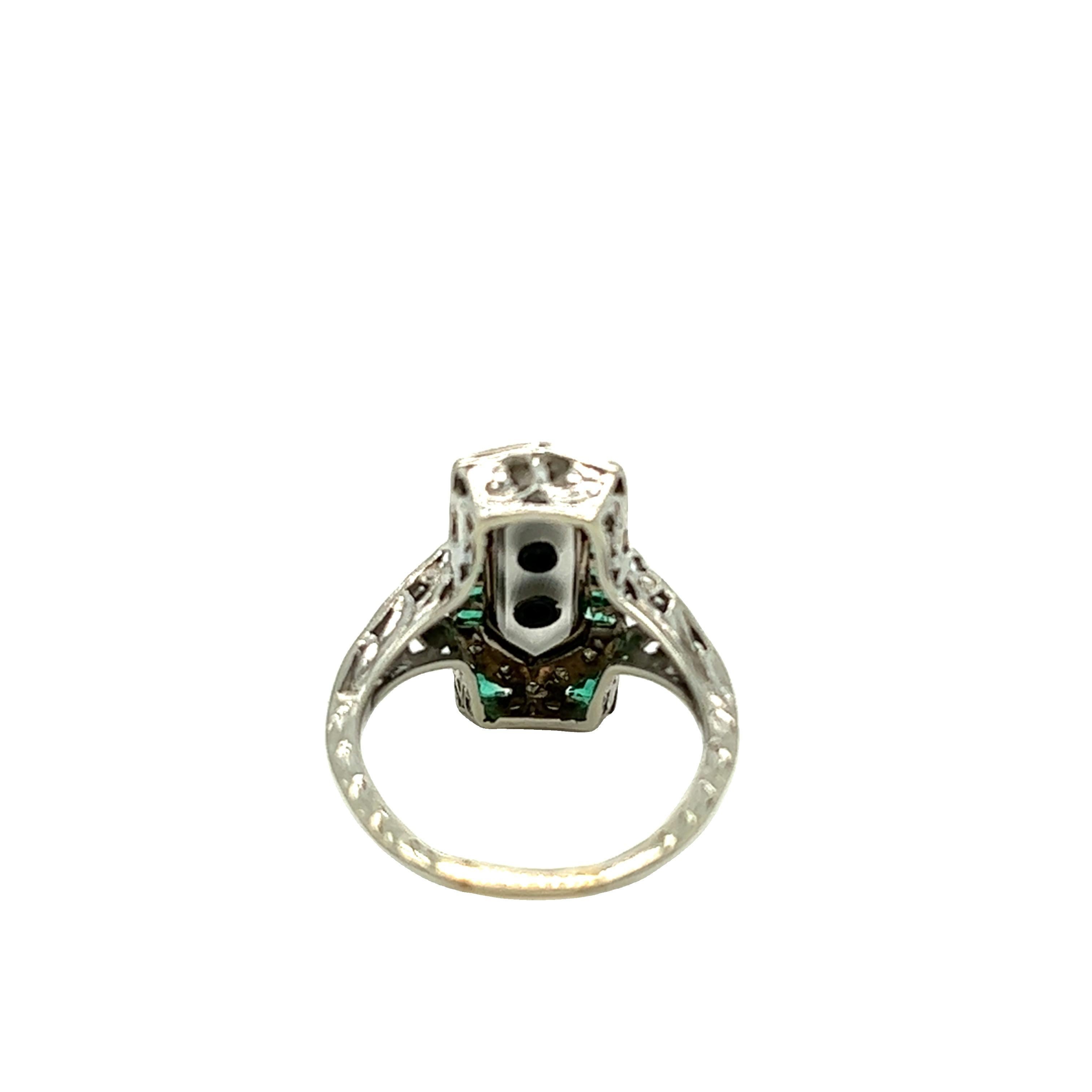 Round Cut Edwardian Diamond, Emerald, Quartz Plaque Ring 18K White Gold For Sale