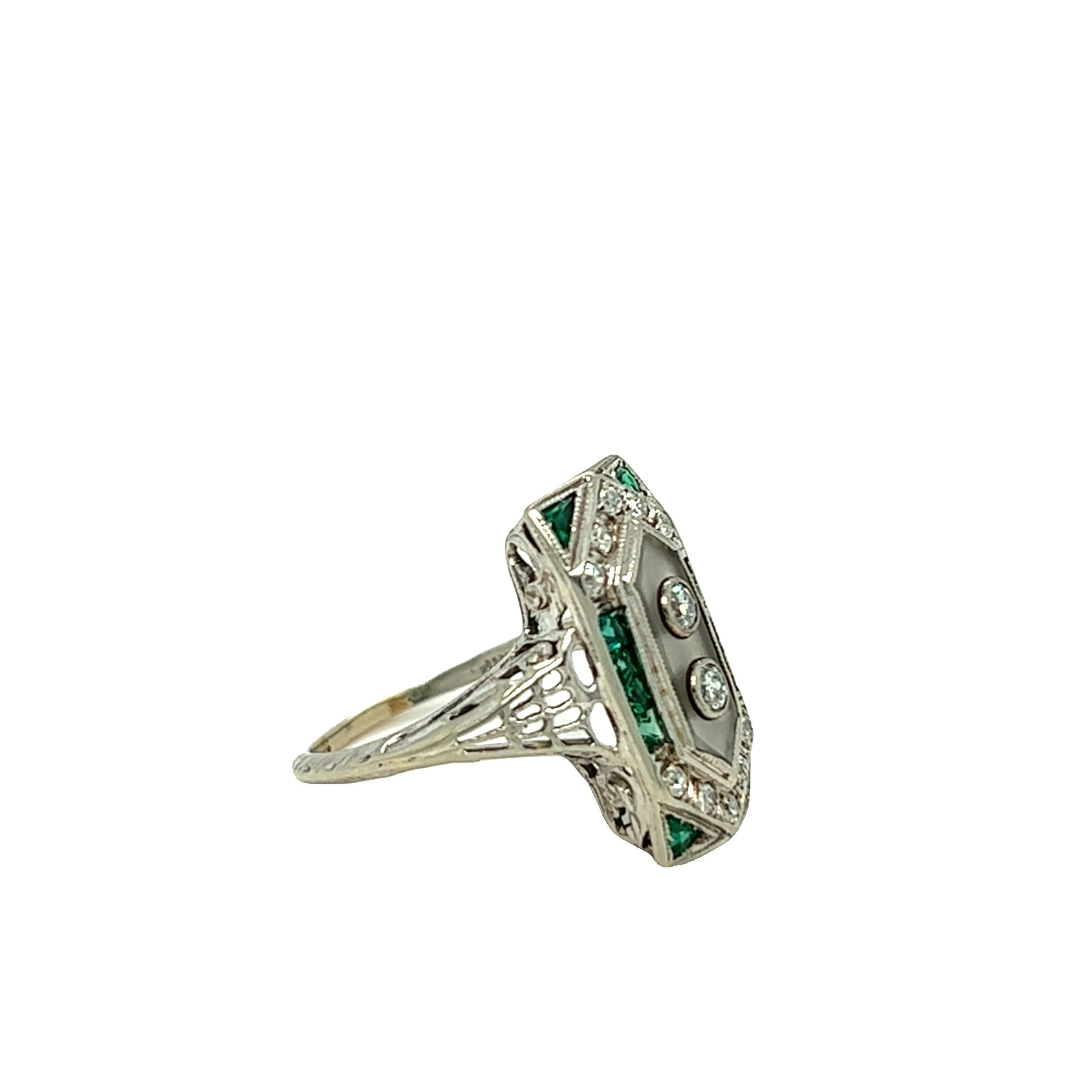 Edwardian Diamond, Emerald, Quartz Plaque Ring 18K White Gold In Excellent Condition For Sale In beverly hills, CA