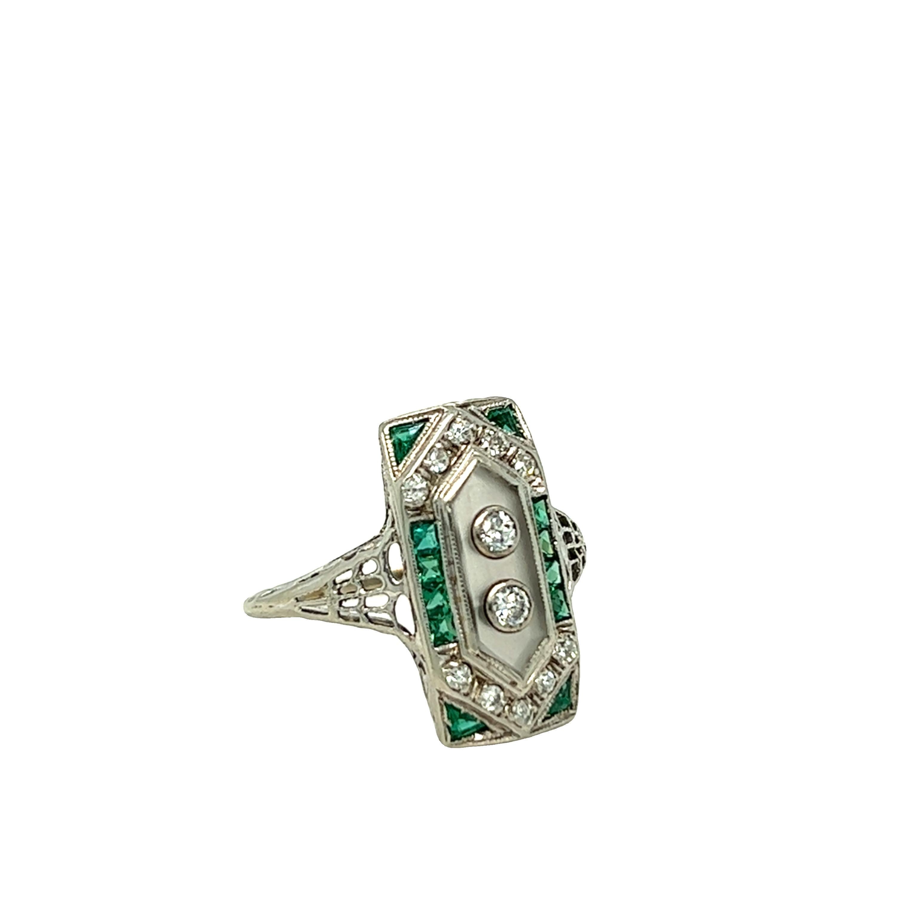 Women's Edwardian Diamond, Emerald, Quartz Plaque Ring 18K White Gold For Sale