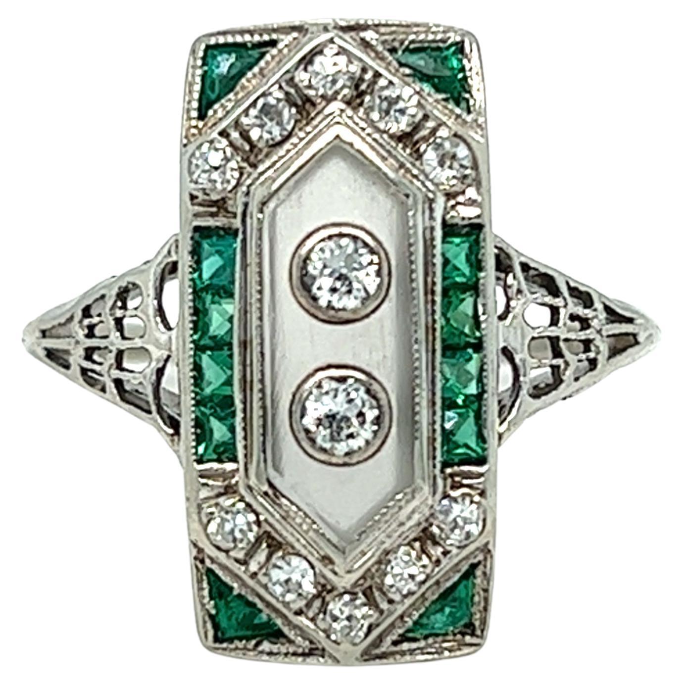 Edwardian Diamond, Emerald, Quartz Plaque Ring 18K White Gold