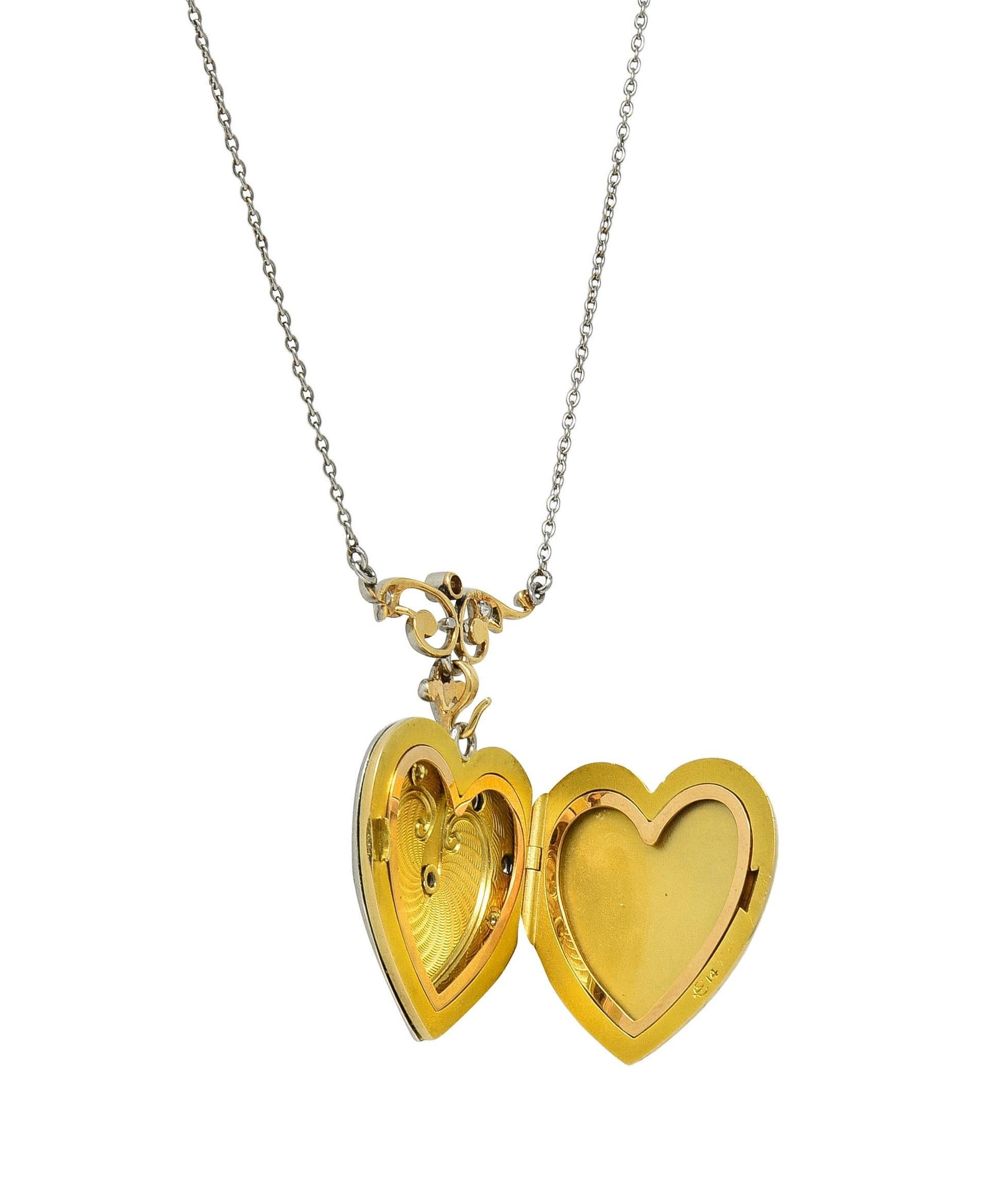 Edwardian Diamond Enamel Platinum 14K Gold Antique Heart Locket Pendant Necklace 5