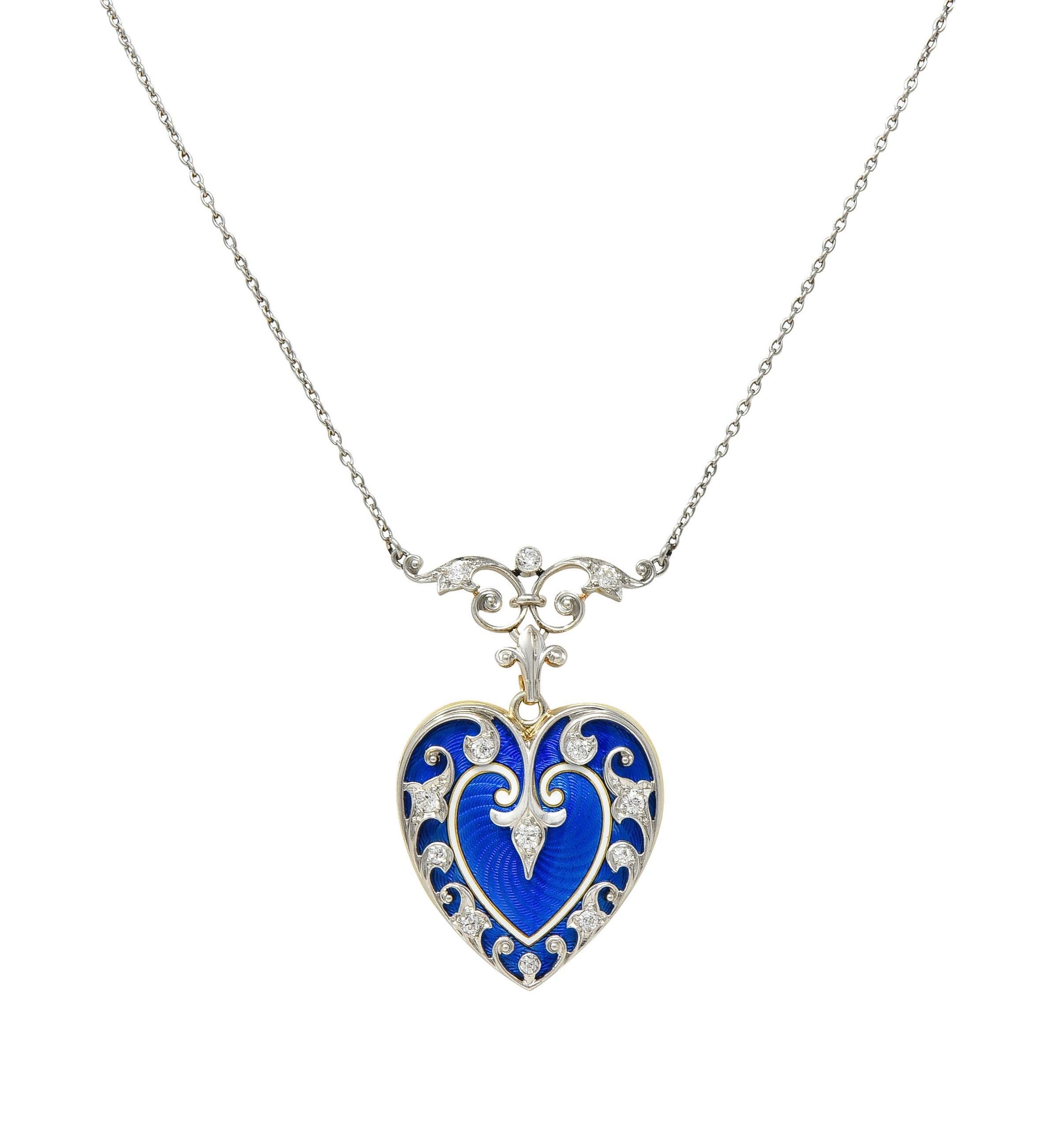 Edwardian Diamond Enamel Platinum 14K Gold Antique Heart Locket Pendant Necklace 6