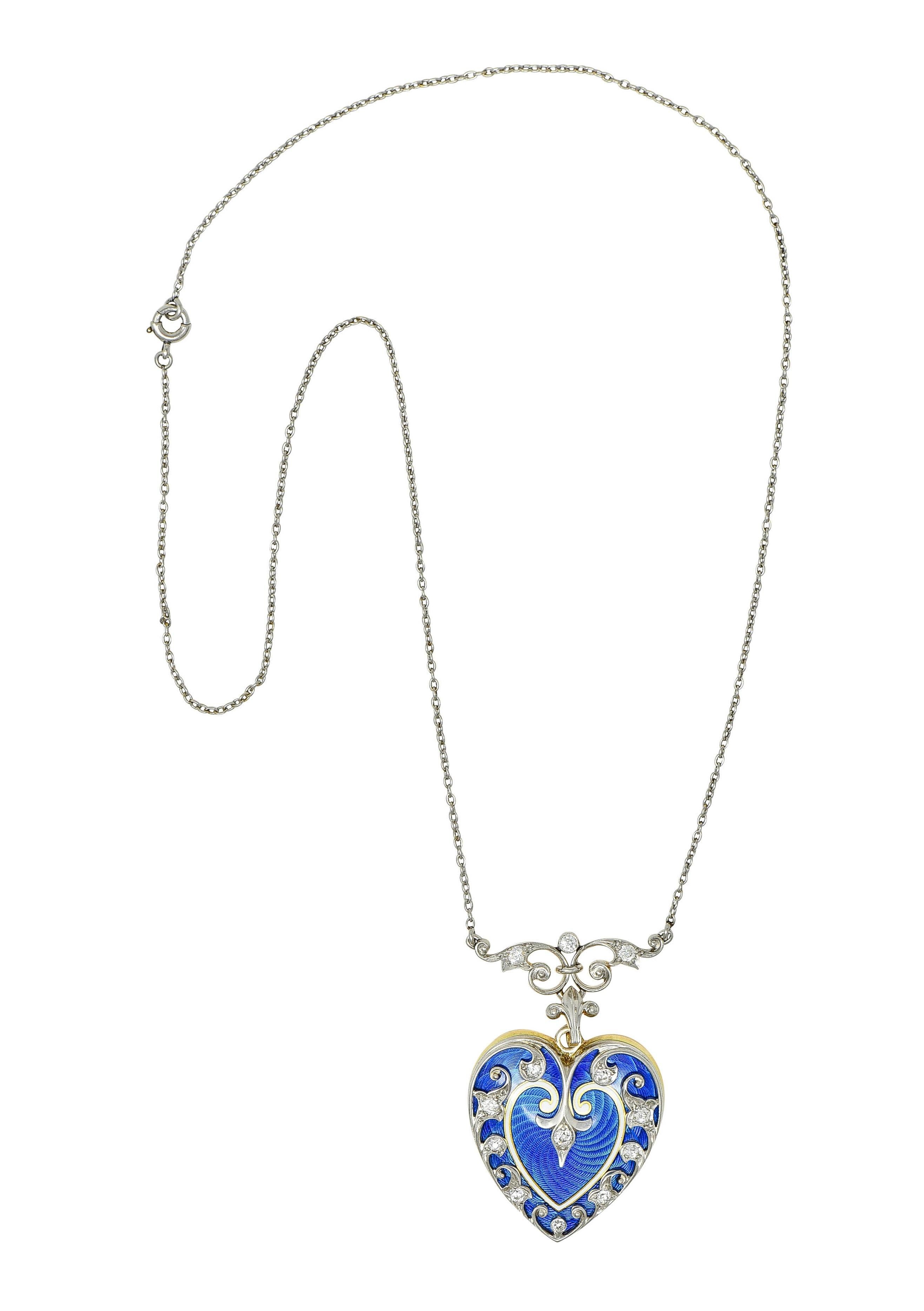 Old European Cut Edwardian Diamond Enamel Platinum 14K Gold Antique Heart Locket Pendant Necklace