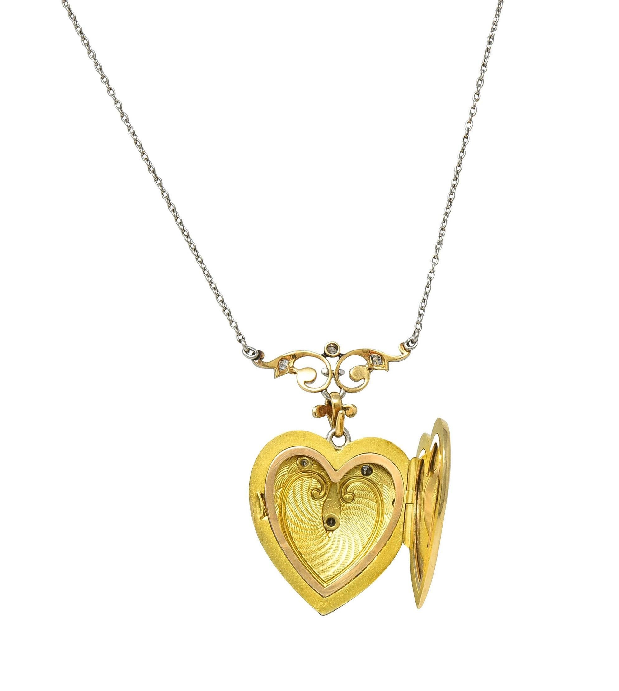 Edwardian Diamond Enamel Platinum 14K Gold Antique Heart Locket Pendant Necklace In Excellent Condition In Philadelphia, PA