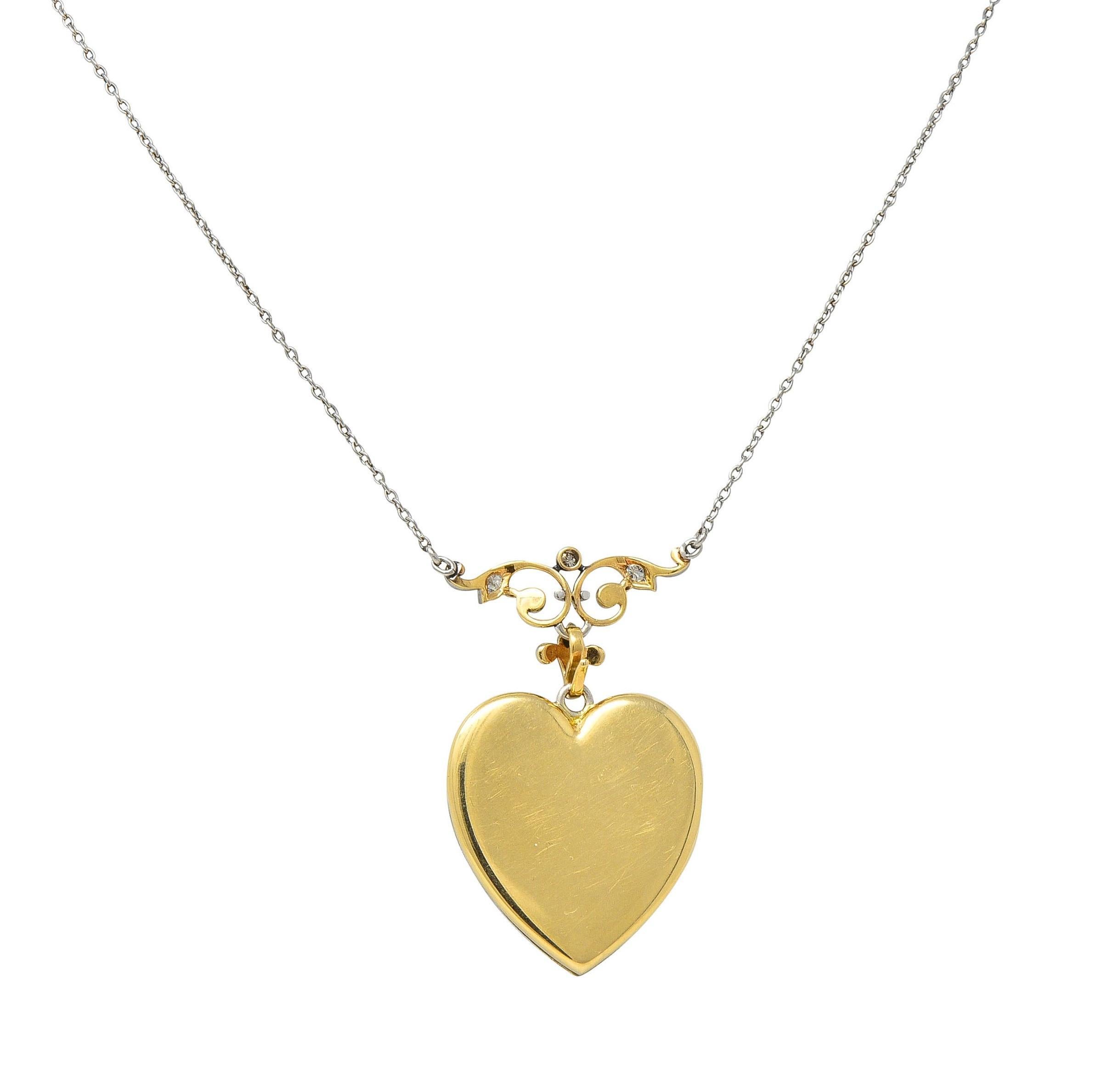 Women's or Men's Edwardian Diamond Enamel Platinum 14K Gold Antique Heart Locket Pendant Necklace