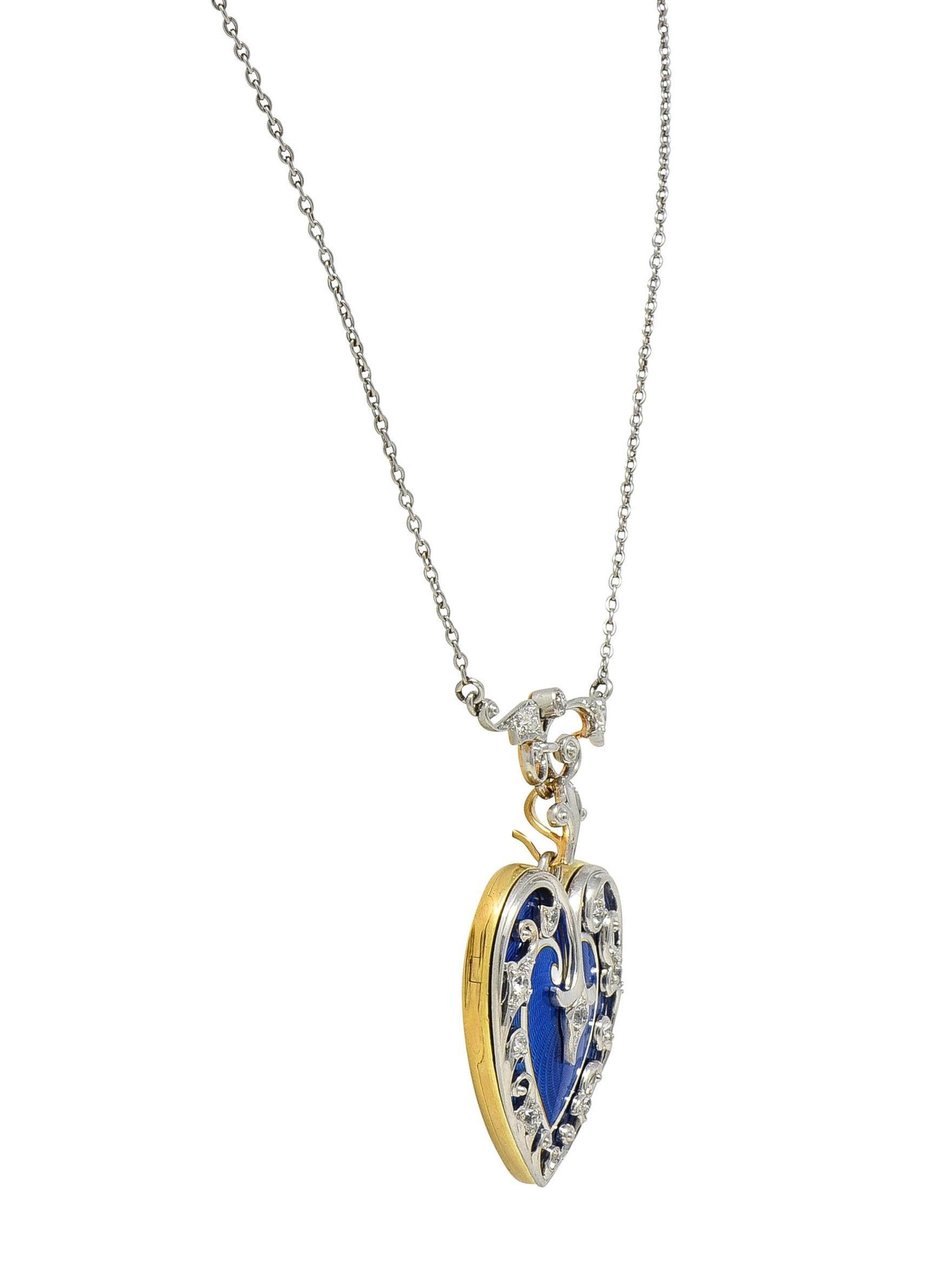 Edwardian Diamond Enamel Platinum 14K Gold Antique Heart Locket Pendant Necklace 1