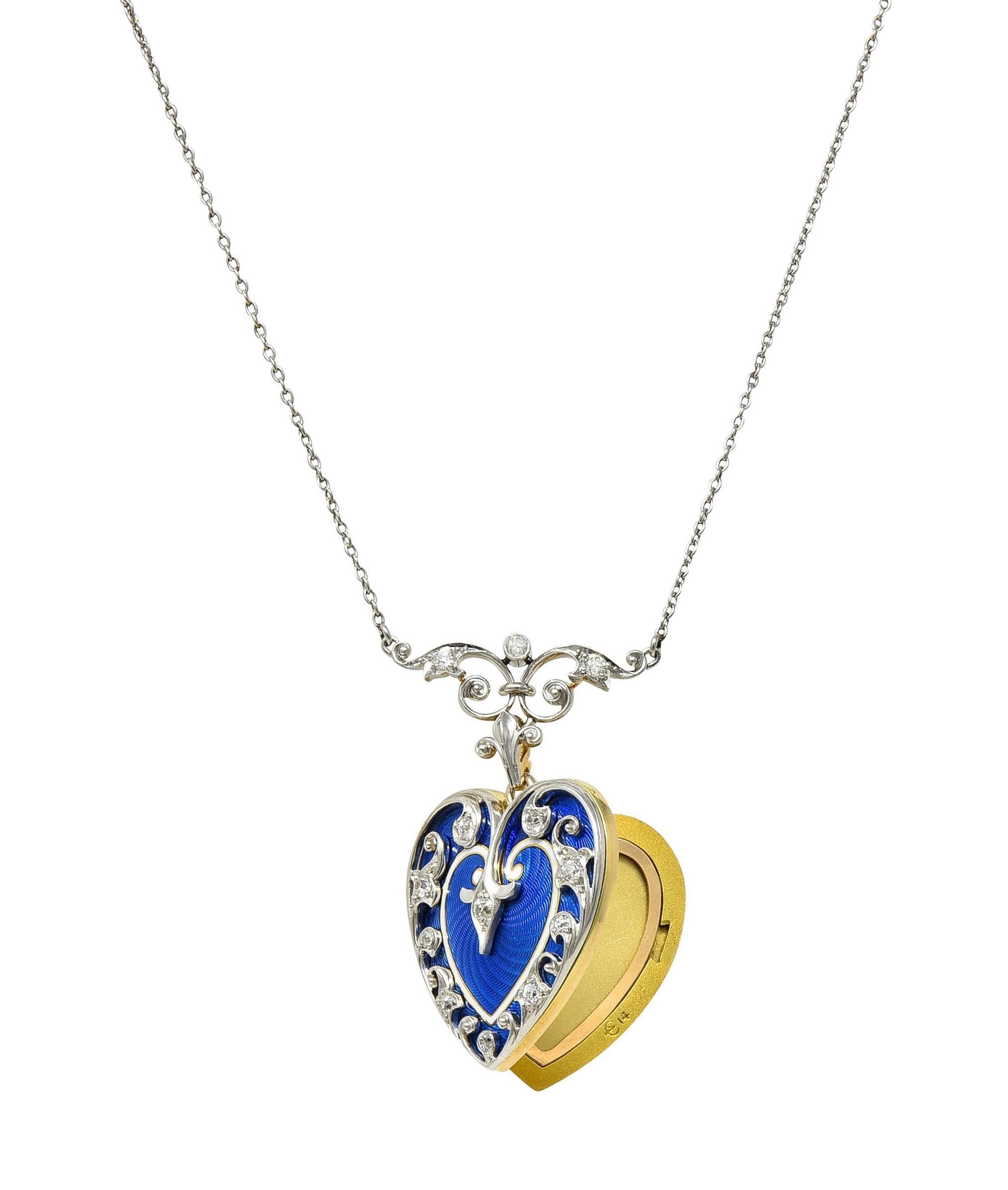 Edwardian Diamond Enamel Platinum 14K Gold Antique Heart Locket Pendant Necklace 2
