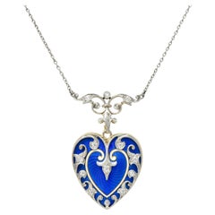 Edwardian Diamond Enamel Platinum 14K Gold Antique Heart Locket Pendant Necklace