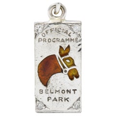 Edwardian Diamond Enamel Platinum Belmont Park Antique Horse Race Program Charm