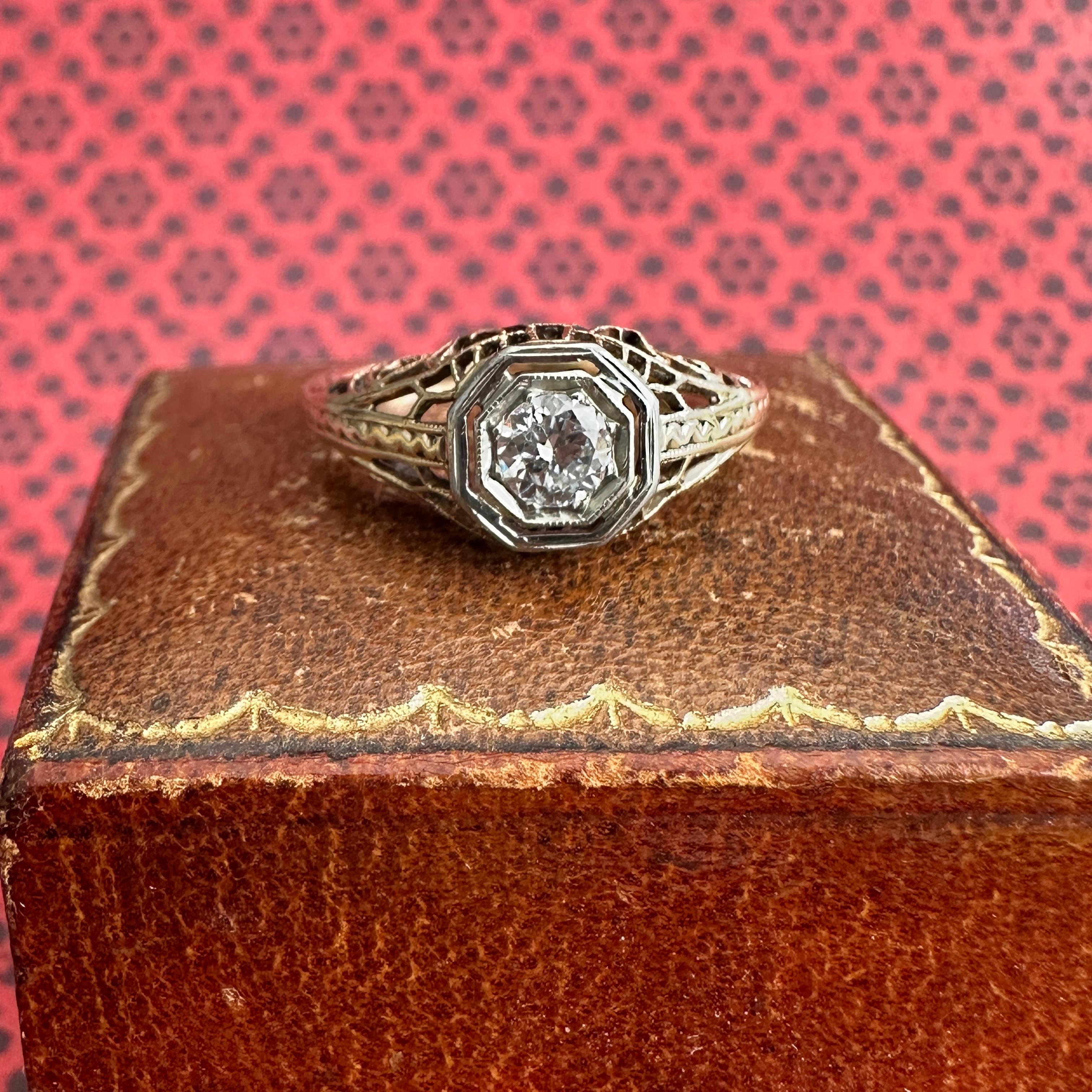 Edwardian Diamond Filigree 14K Yellow Gold Engagement Ring 5