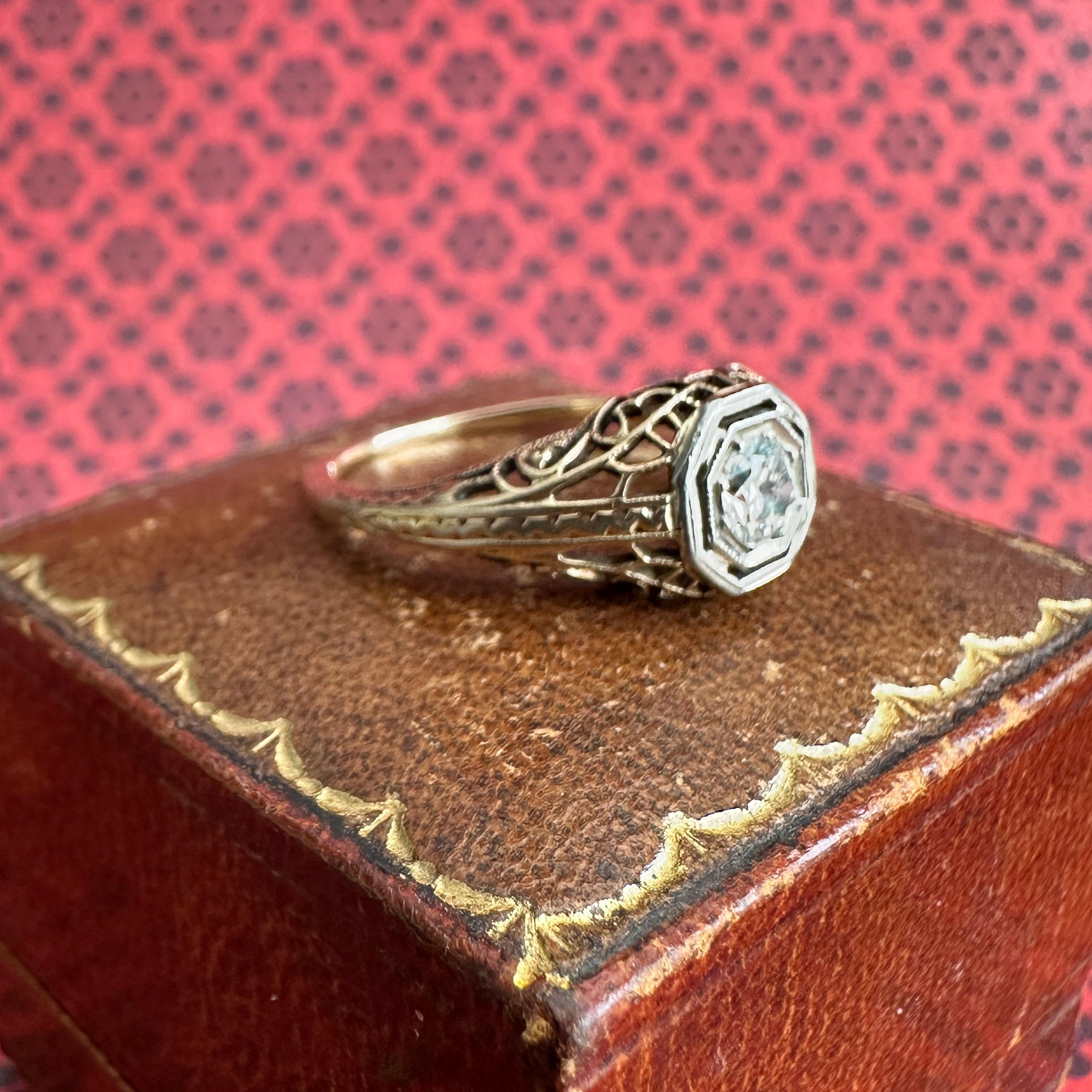Edwardian Diamond Filigree 14K Yellow Gold Engagement Ring 7