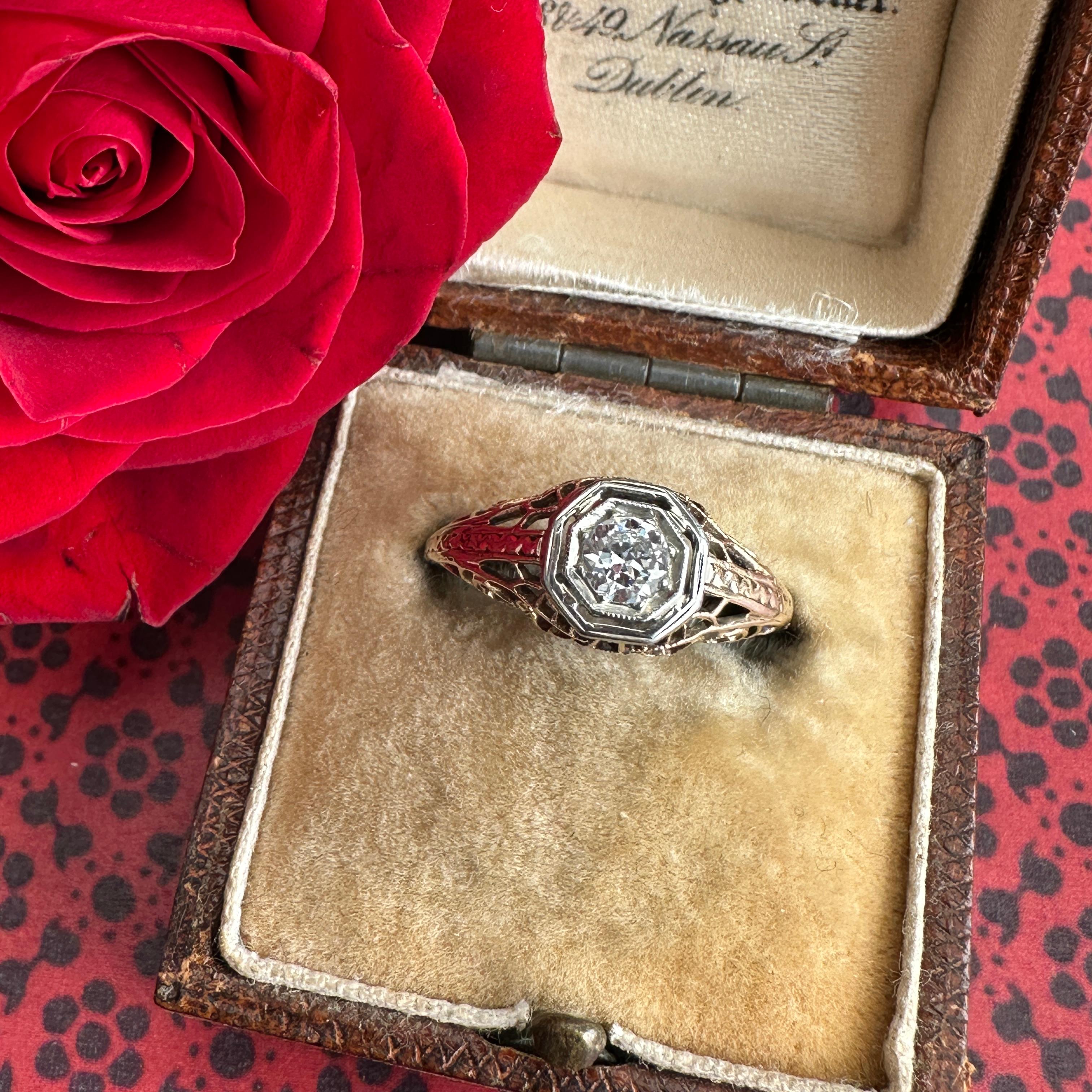 Edwardian Diamond Filigree 14K Yellow Gold Engagement Ring 12