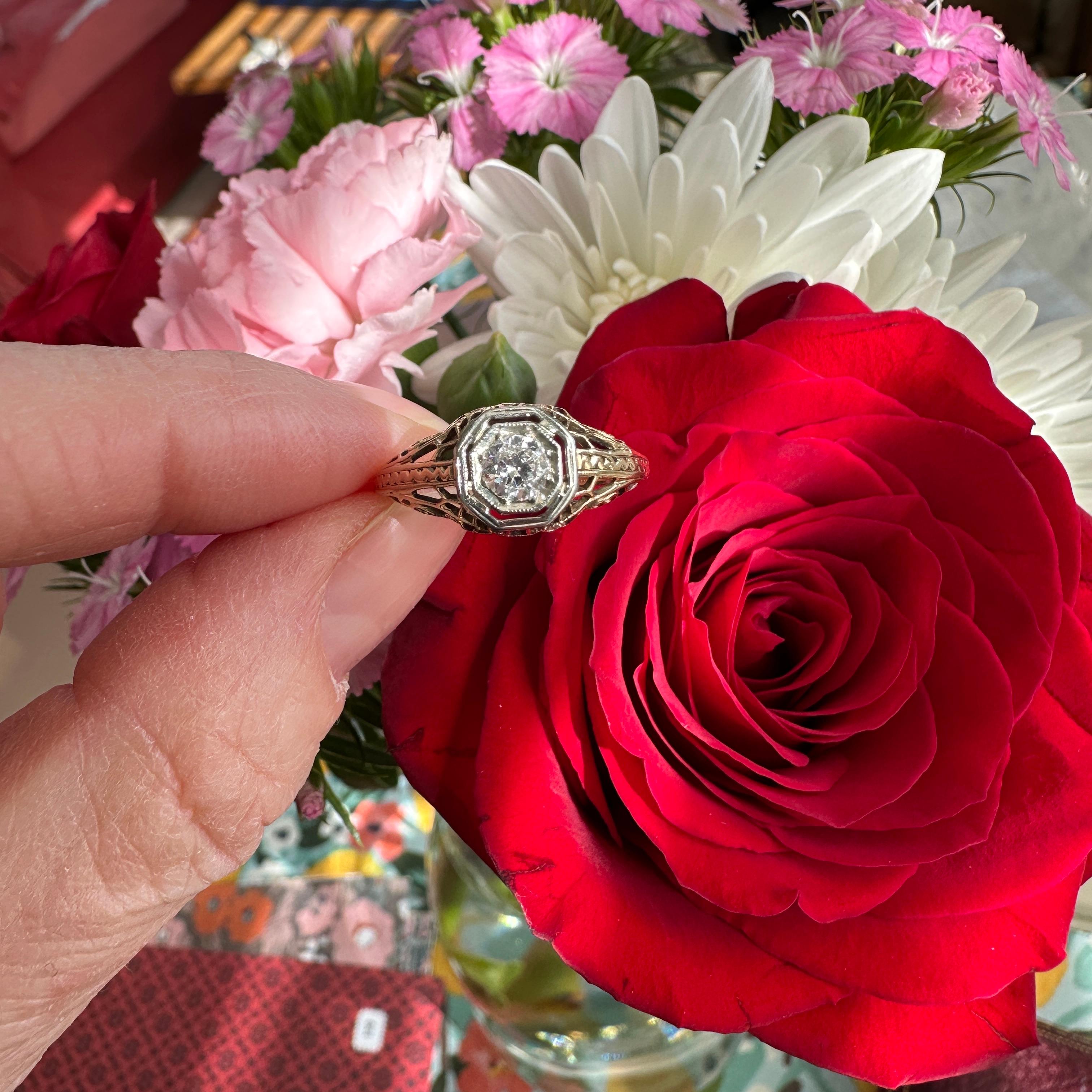 Edwardian Diamond Filigree 14K Yellow Gold Engagement Ring 13