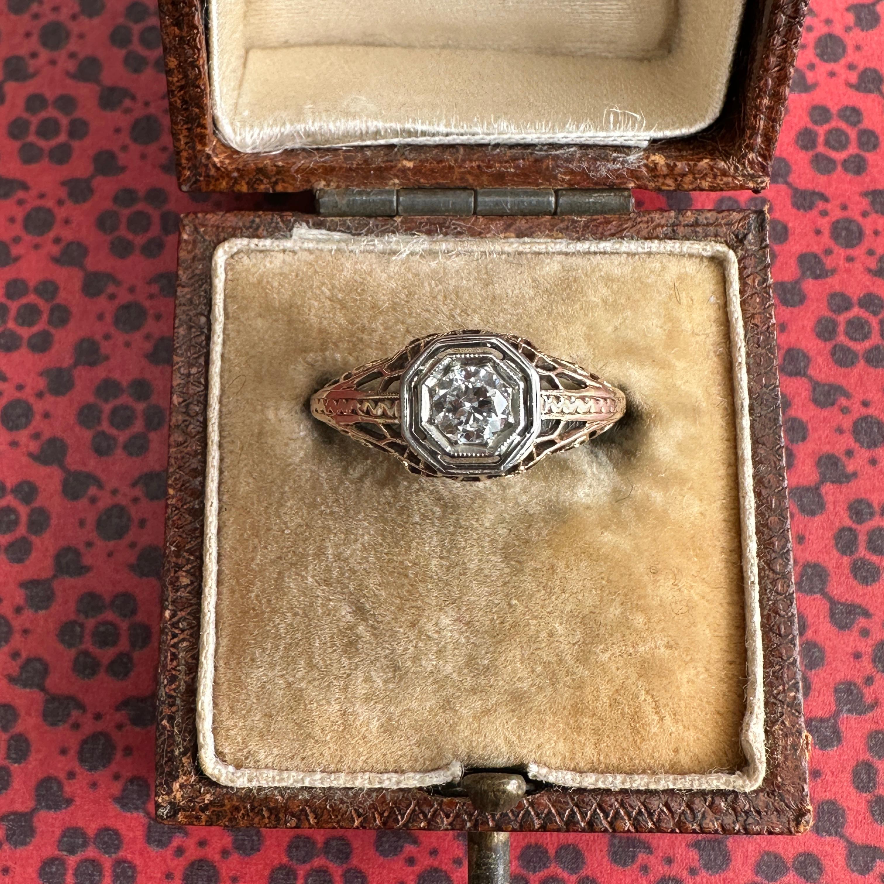 Edwardian Diamond Filigree 14K Yellow Gold Engagement Ring 14