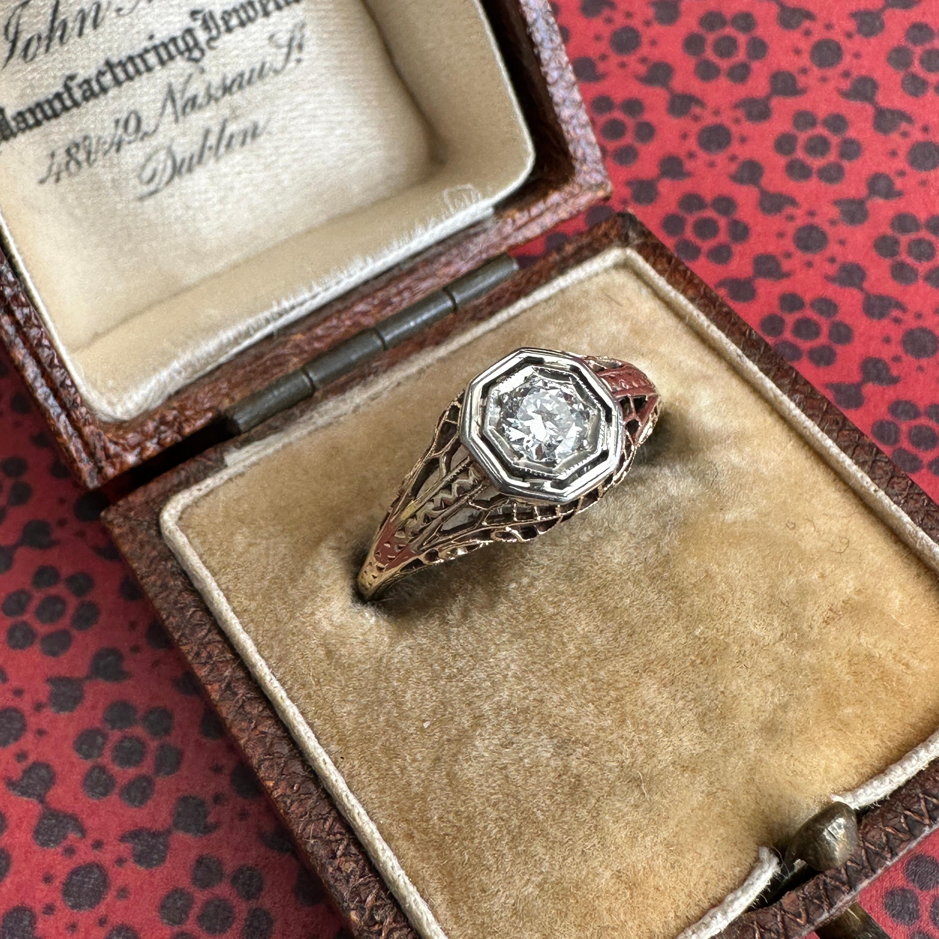 Edwardian Diamond Filigree 14K Yellow Gold Engagement Ring In Good Condition In Scotts Valley, CA